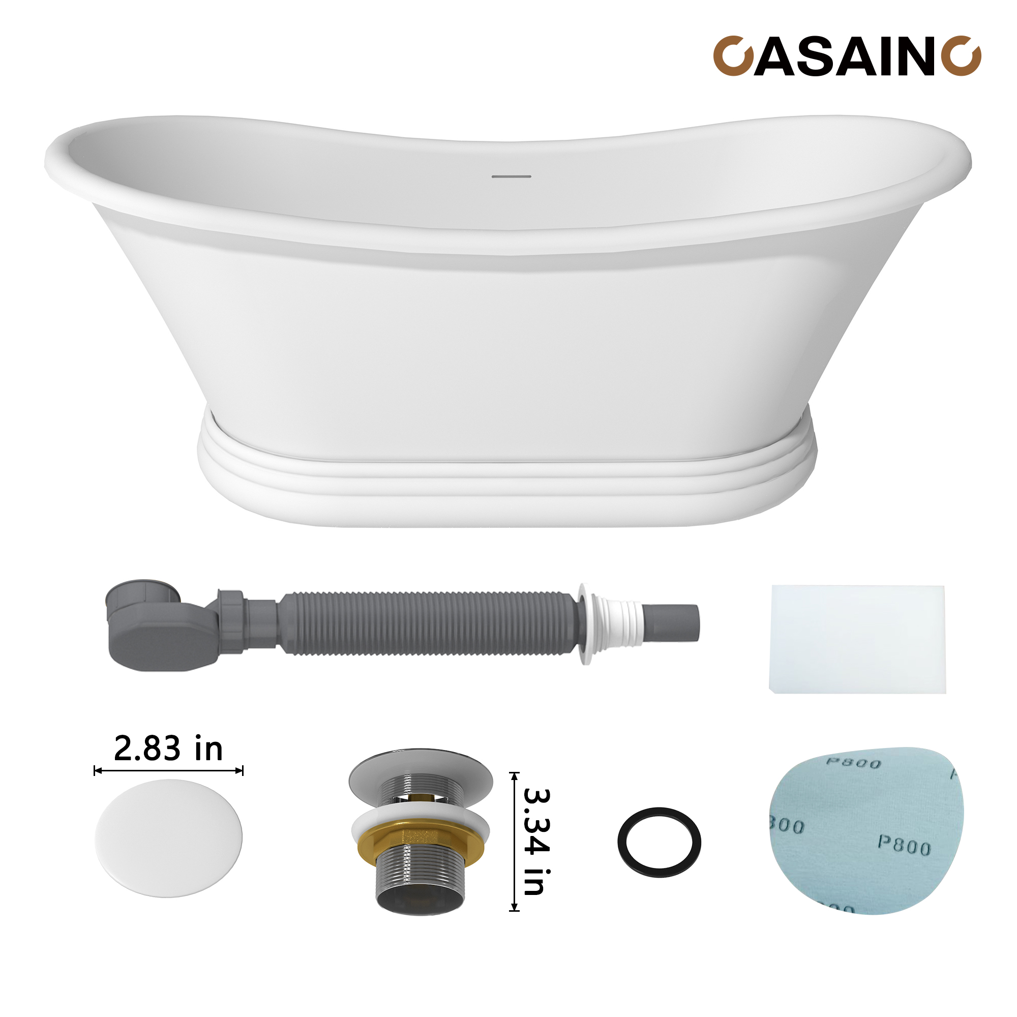 67" Freestanding Solid Surface Stone Bathtub - Matte White Finish, Center Drain, cUPc Certified, Double-Ended High-Back Design(With/without Tub Faucet)