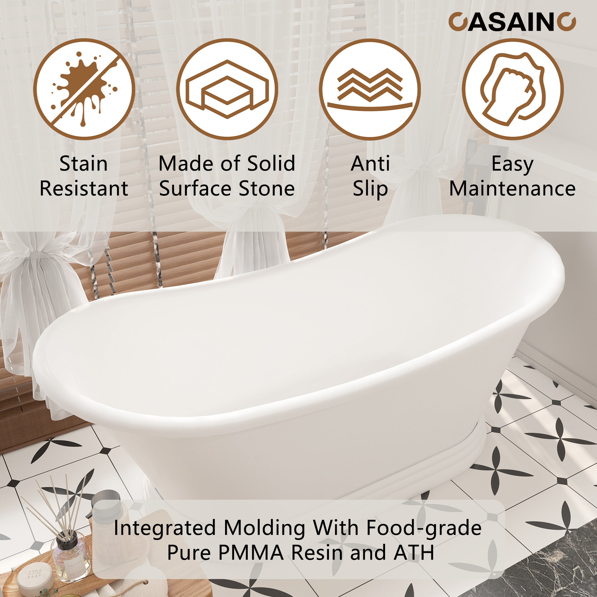 67" Freestanding Solid Surface Stone Bathtub - Matte White Finish, Center Drain, cUPc Certified, Double-Ended High-Back Design(With/without Tub Faucet)