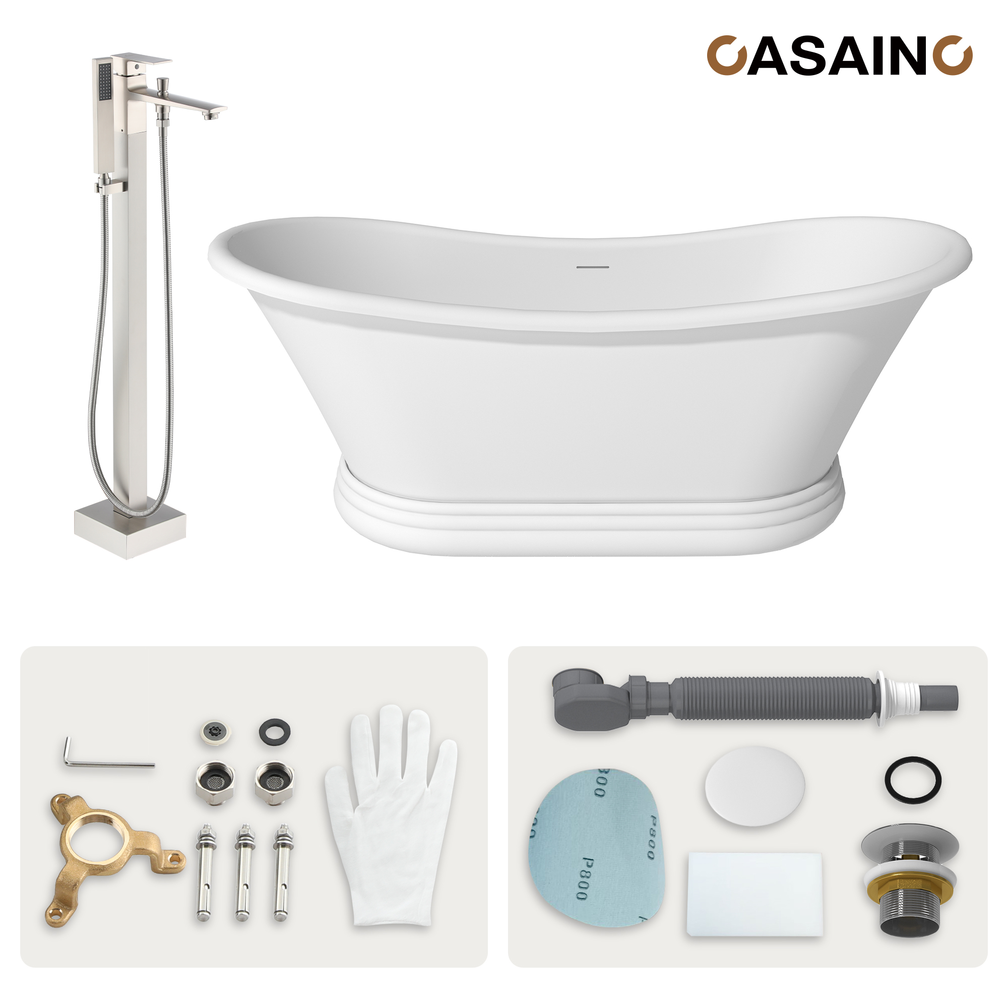 67" Freestanding Solid Surface Stone Bathtub - Matte White Finish, Center Drain, cUPc Certified, Double-Ended High-Back Design(With/without Tub Faucet)