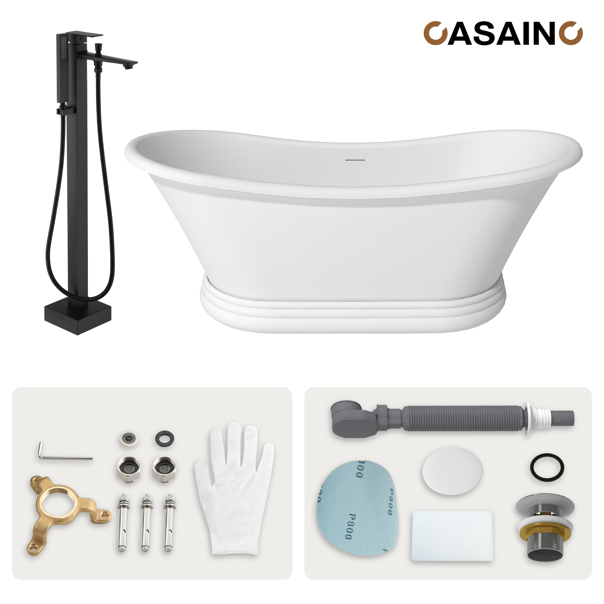 67" Freestanding Solid Surface Stone Bathtub - Matte White Finish, Center Drain, cUPc Certified, Double-Ended High-Back Design(With/without Tub Faucet)