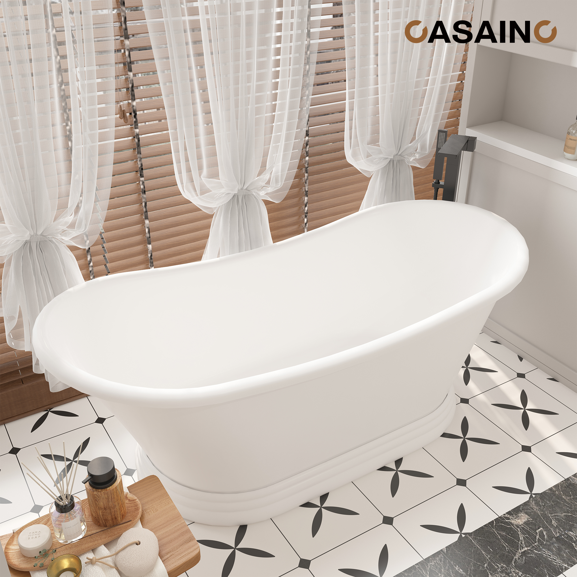 67" Freestanding Solid Surface Stone Bathtub - Matte White Finish, Center Drain, cUPc Certified, Double-Ended High-Back Design(With/without Tub Faucet)