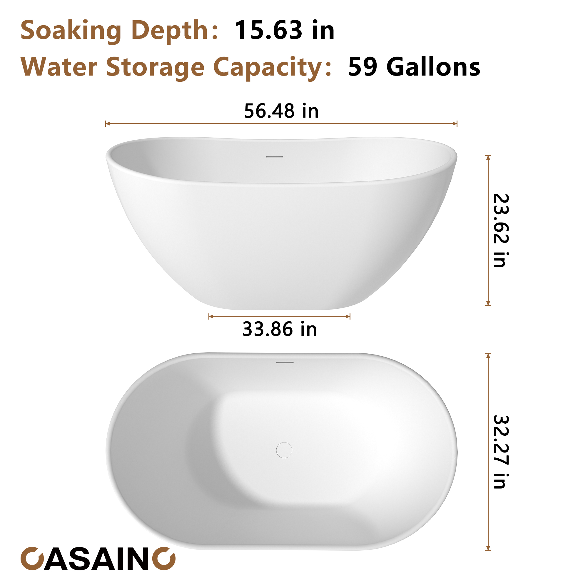 56"/65"/71" Solid Surface Stone Freestanding Tub - Soak in Style with Matte White Finish, Center Drain, and cUPc Certification(With/without Bathtub Faucet)