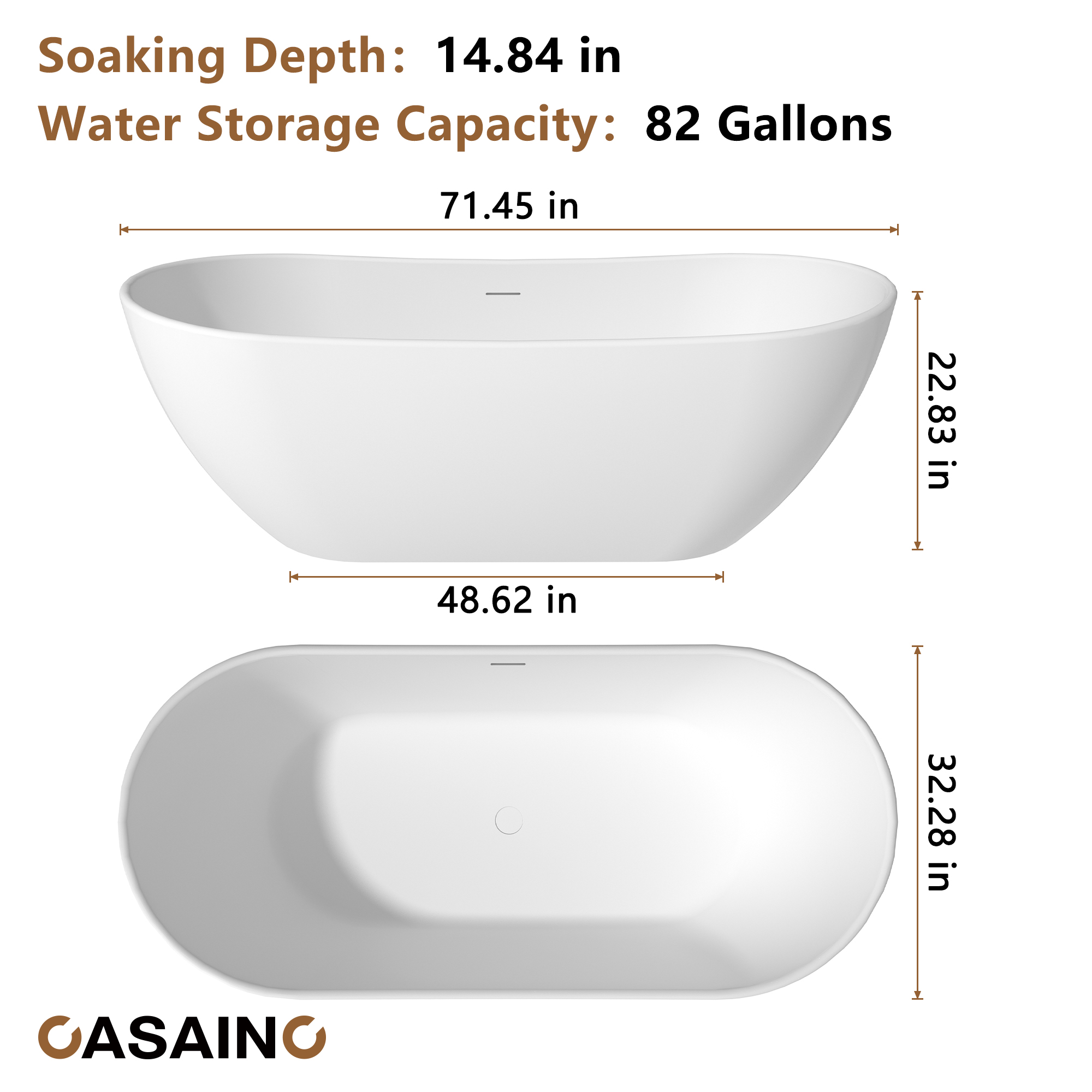 56"/65"/71" Solid Surface Stone Freestanding Tub - Soak in Style with Matte White Finish, Center Drain, and cUPc Certification(With/without Bathtub Faucet)