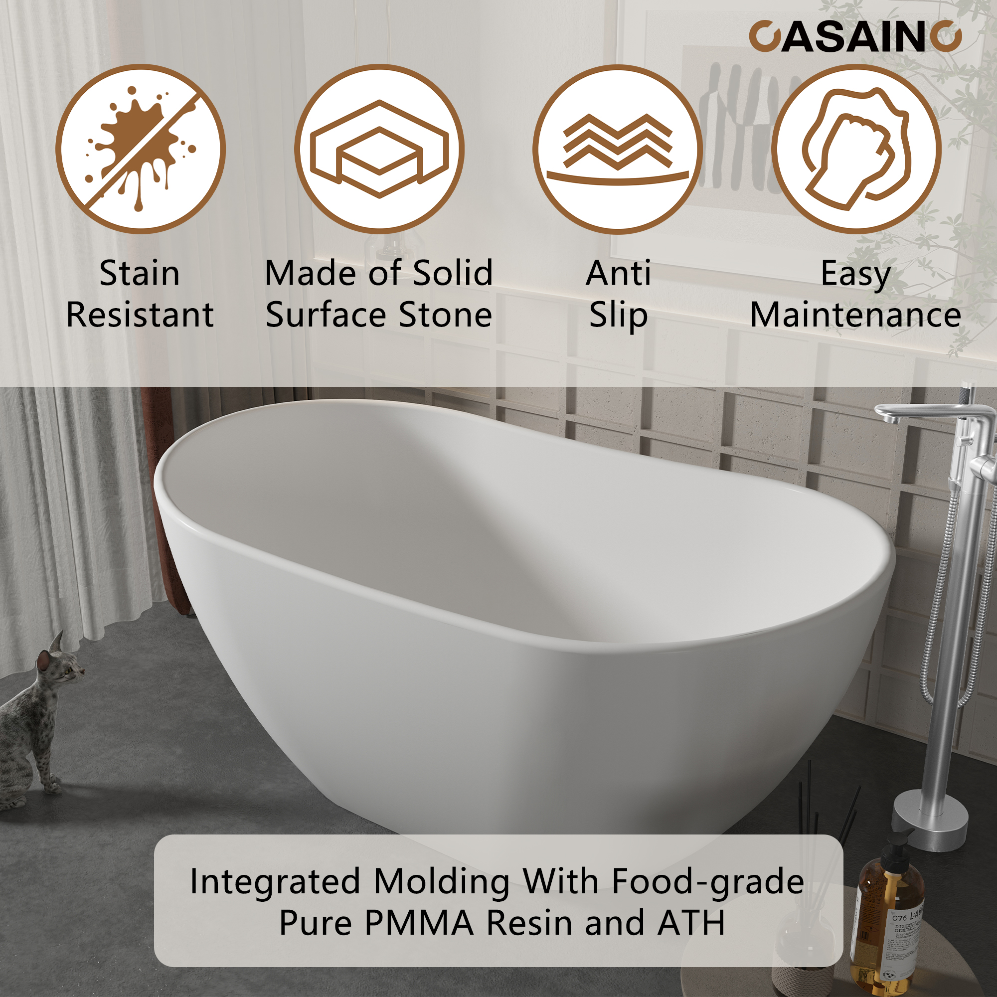 56"/65"/71" Solid Surface Stone Freestanding Tub - Soak in Style with Matte White Finish, Center Drain, and cUPc Certification(With/without Bathtub Faucet)