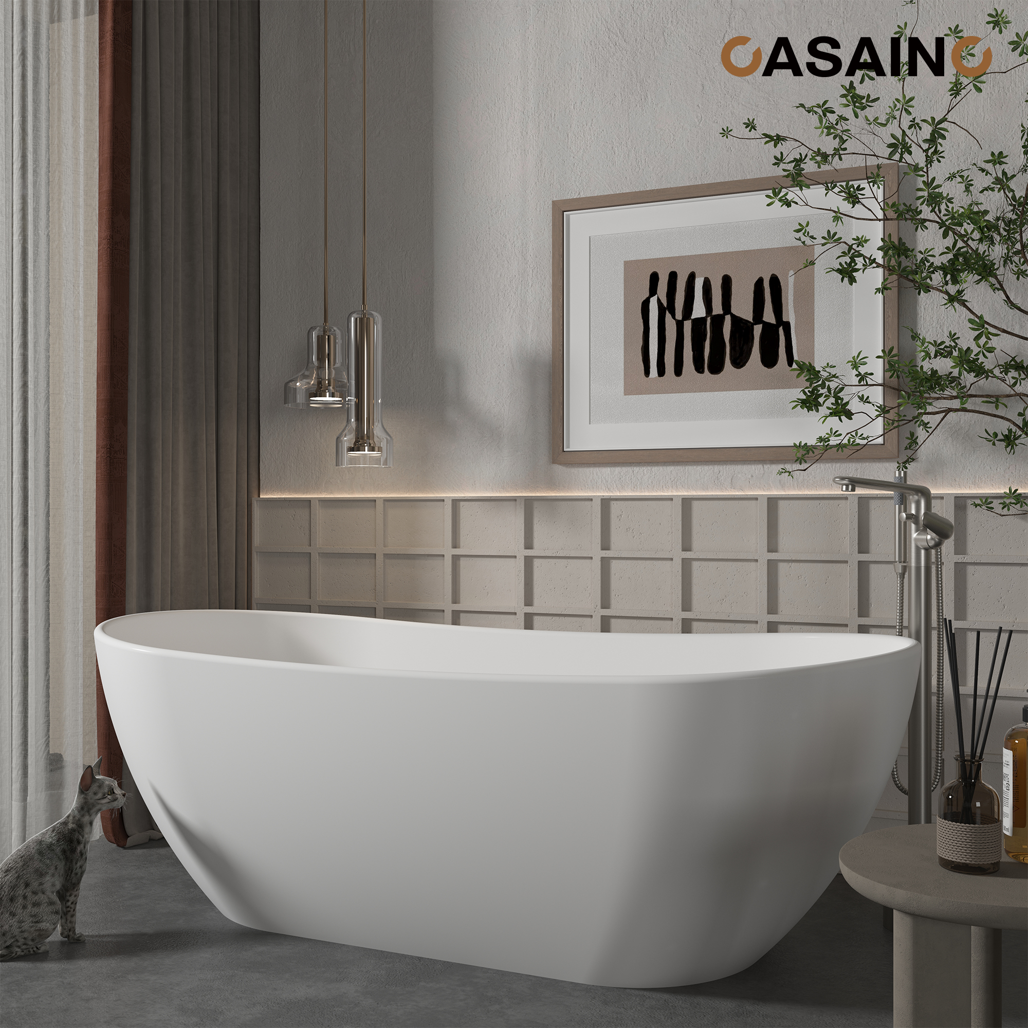 56"/65"/71" Solid Surface Stone Freestanding Tub - Soak in Style with Matte White Finish, Center Drain, and cUPc Certification(With/without Bathtub Faucet)