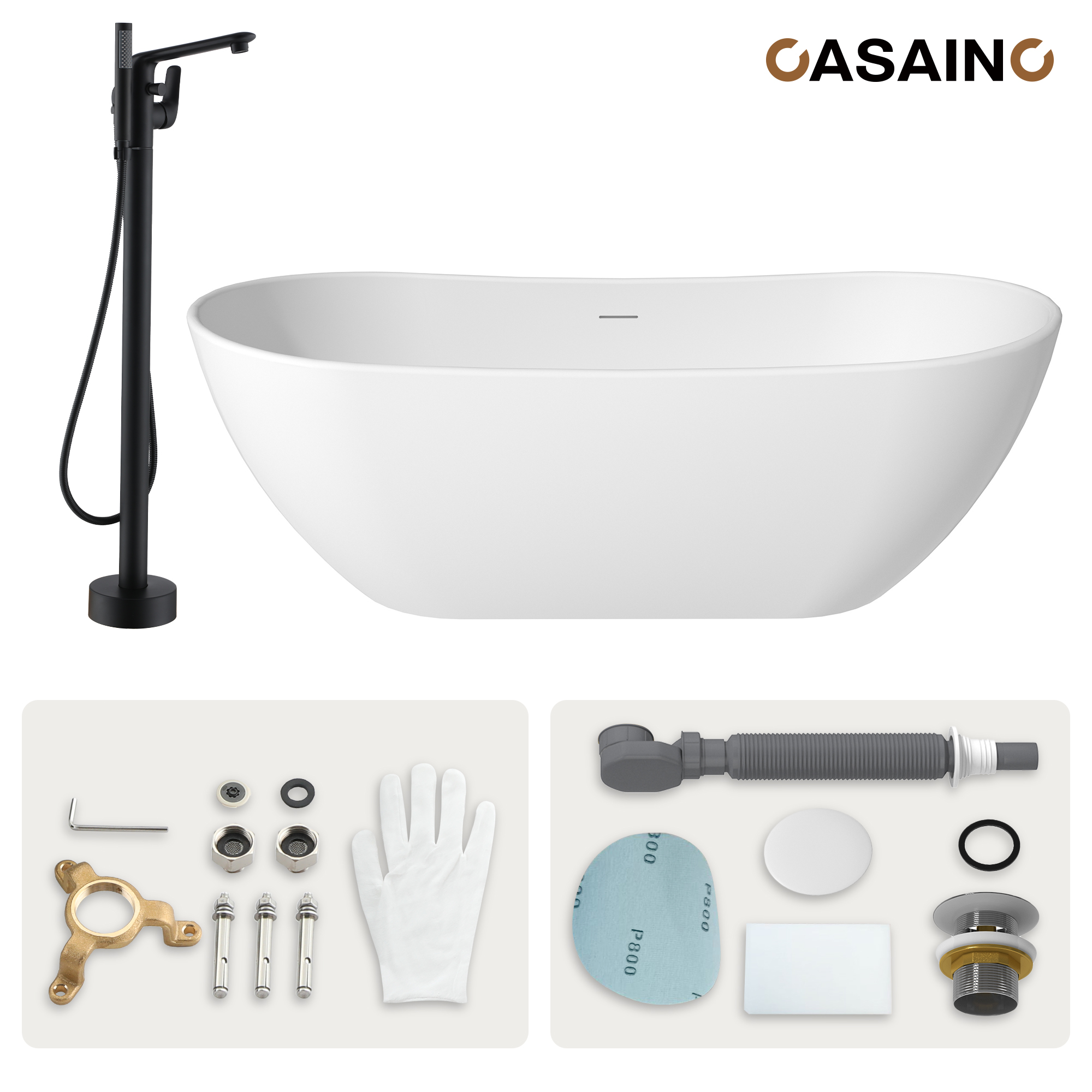 56"/65"/71" Solid Surface Stone Freestanding Tub - Soak in Style with Matte White Finish, Center Drain, and cUPc Certification(With/without Bathtub Faucet)