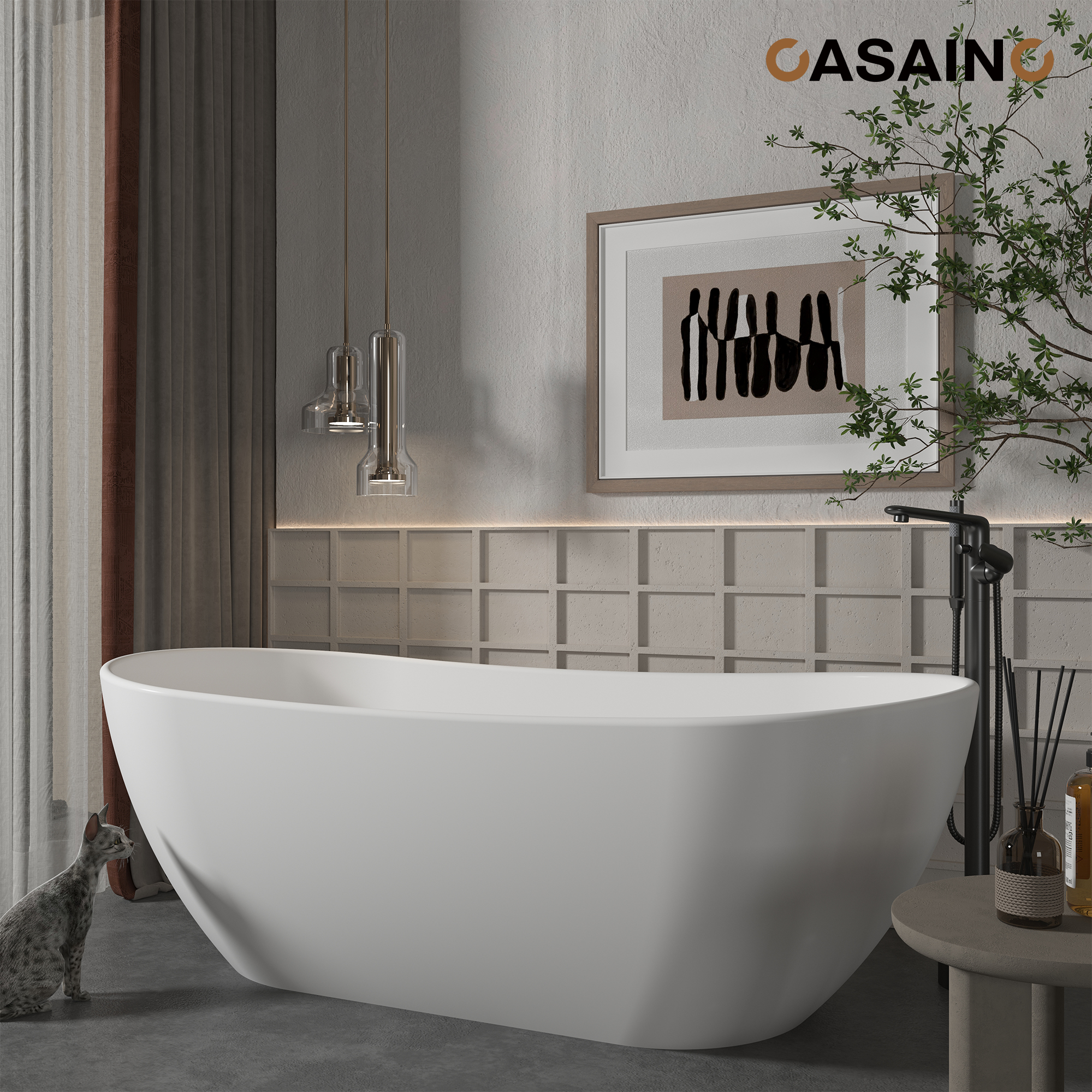 56"/65"/71" Solid Surface Stone Freestanding Tub - Soak in Style with Matte White Finish, Center Drain, and cUPc Certification(With/without Bathtub Faucet)