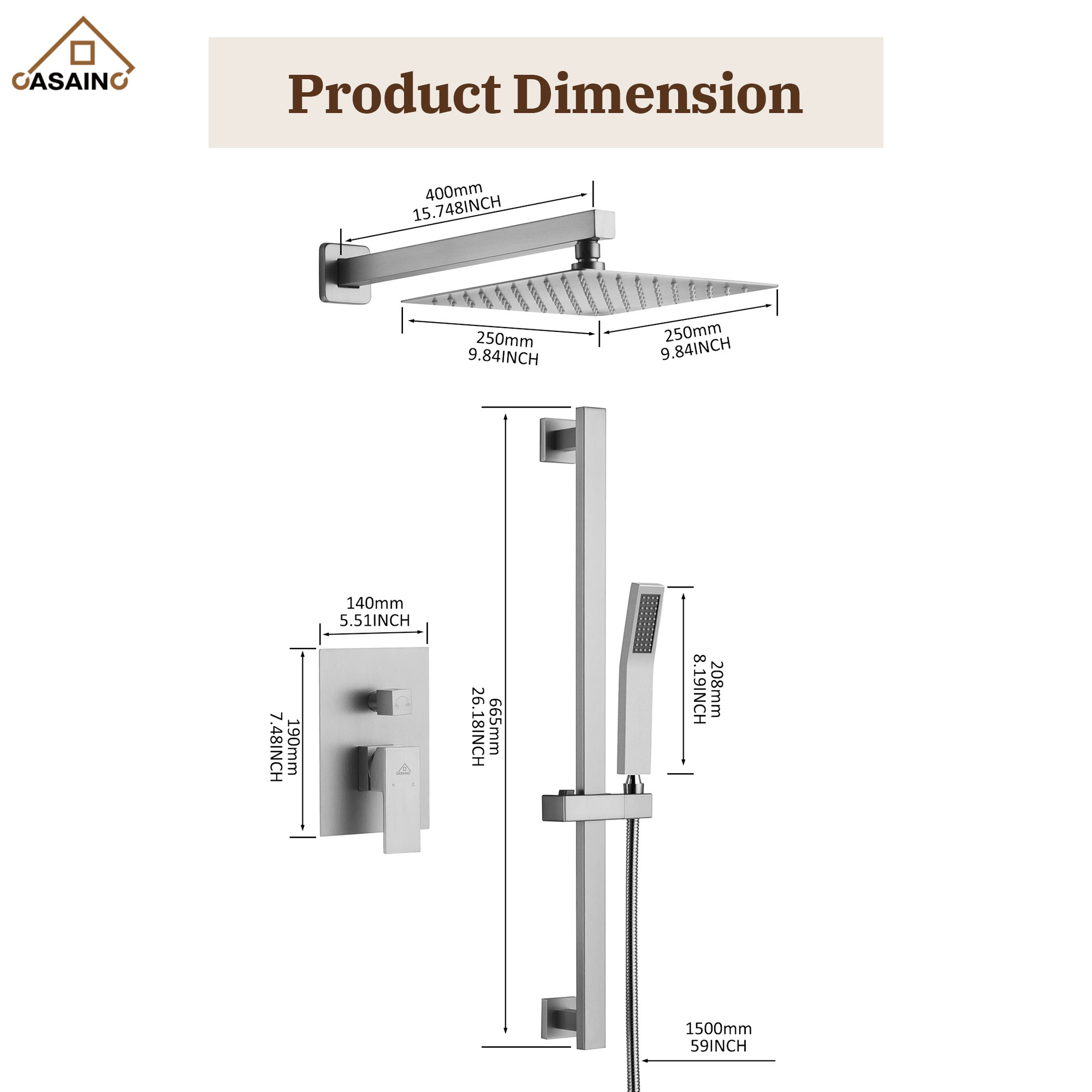 10" Wall Mount Rain Shower Shower System With Hand Shower & Slide Bar