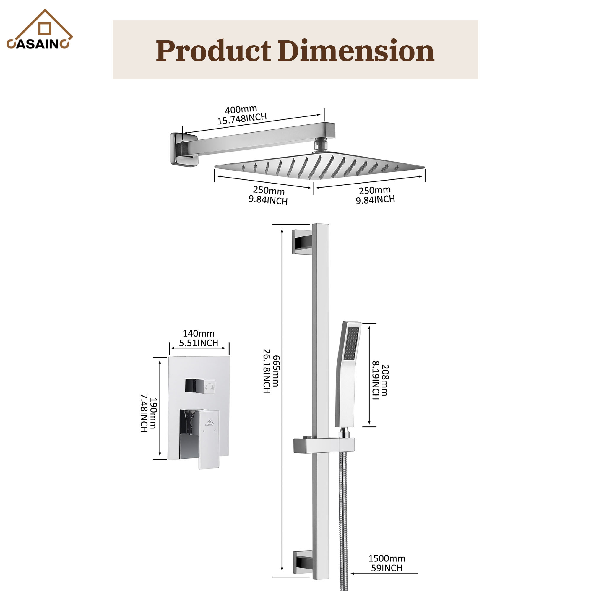 10" Wall Mount Rain Shower Shower System With Hand Shower & Slide Bar