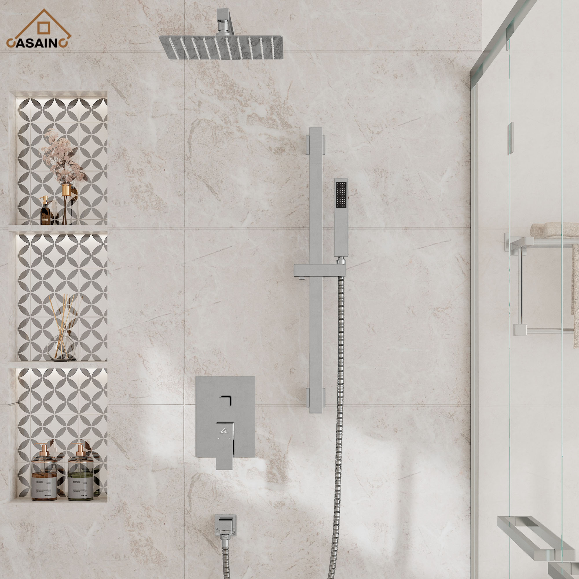 10" Wall Mount Rain Shower Shower System With Hand Shower & Slide Bar