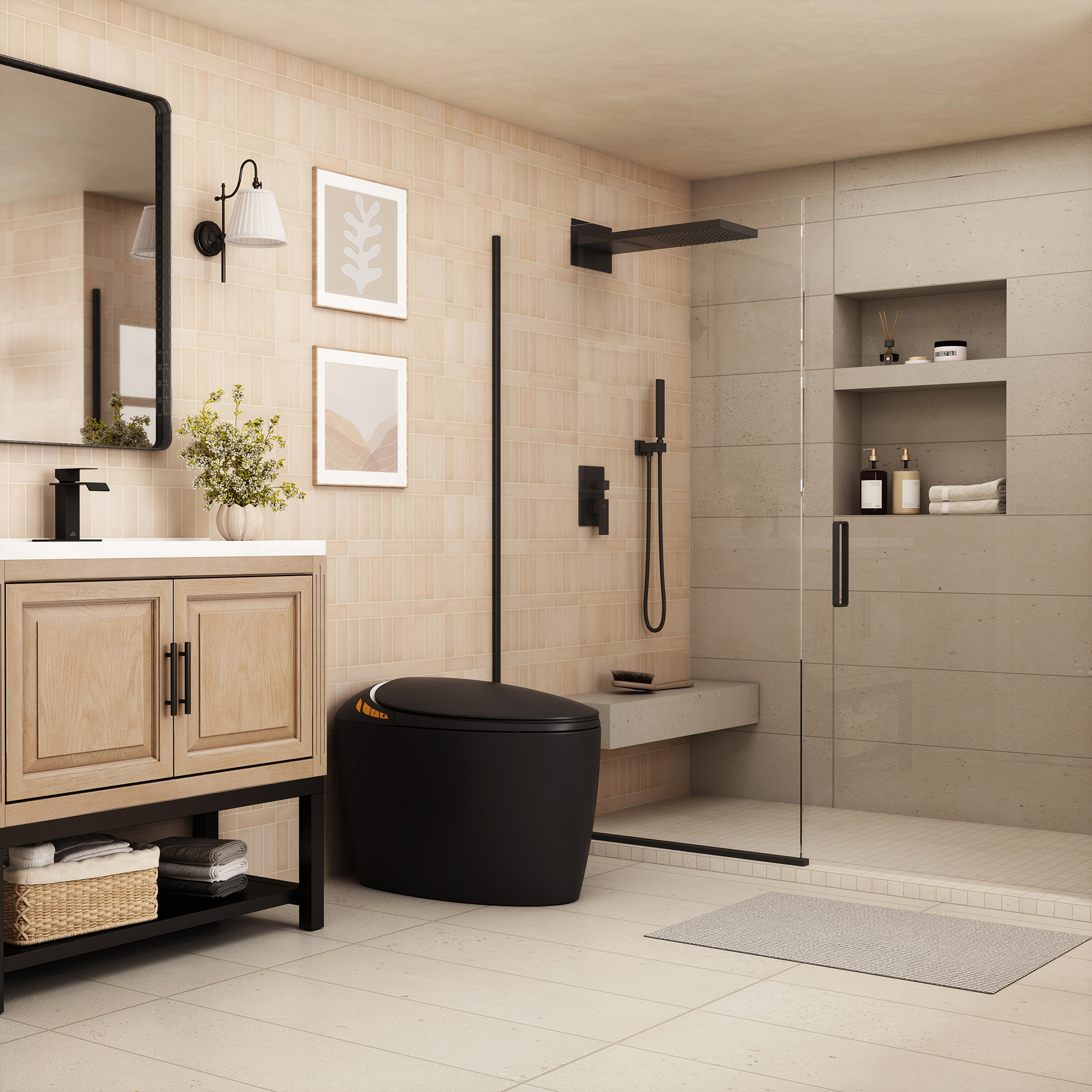 Smart Egg-Shaped Toilet with Built-in Bidet and Soft Ambient Light, Black & Pink