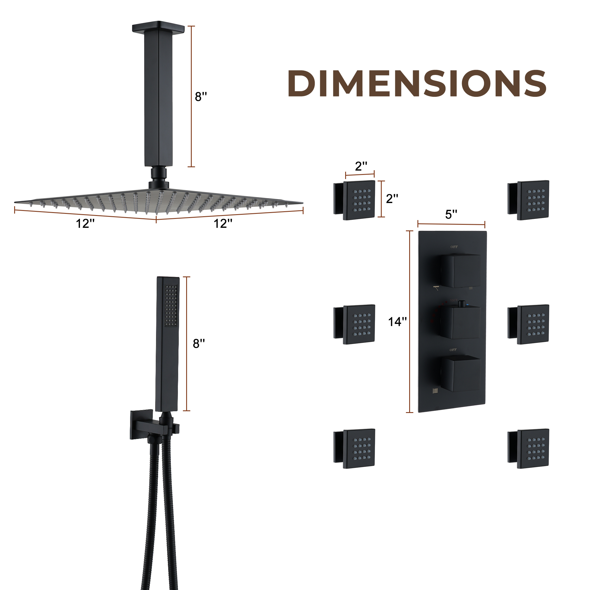 3-Function Ceiling-Mounted Thermostatic Shower System with 6 Body Jets
