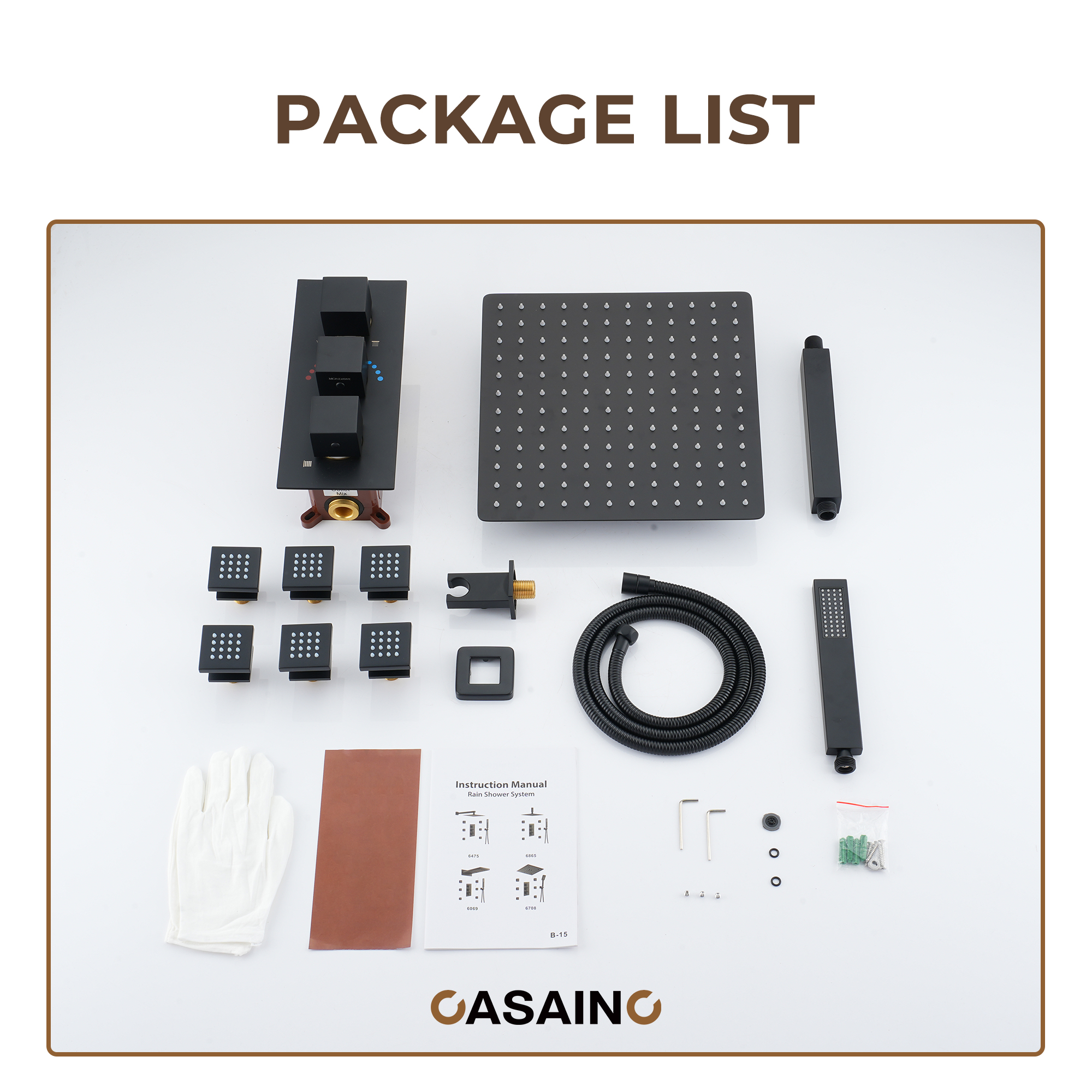 3-Function Ceiling-Mounted Thermostatic Shower System with 6 Body Jets