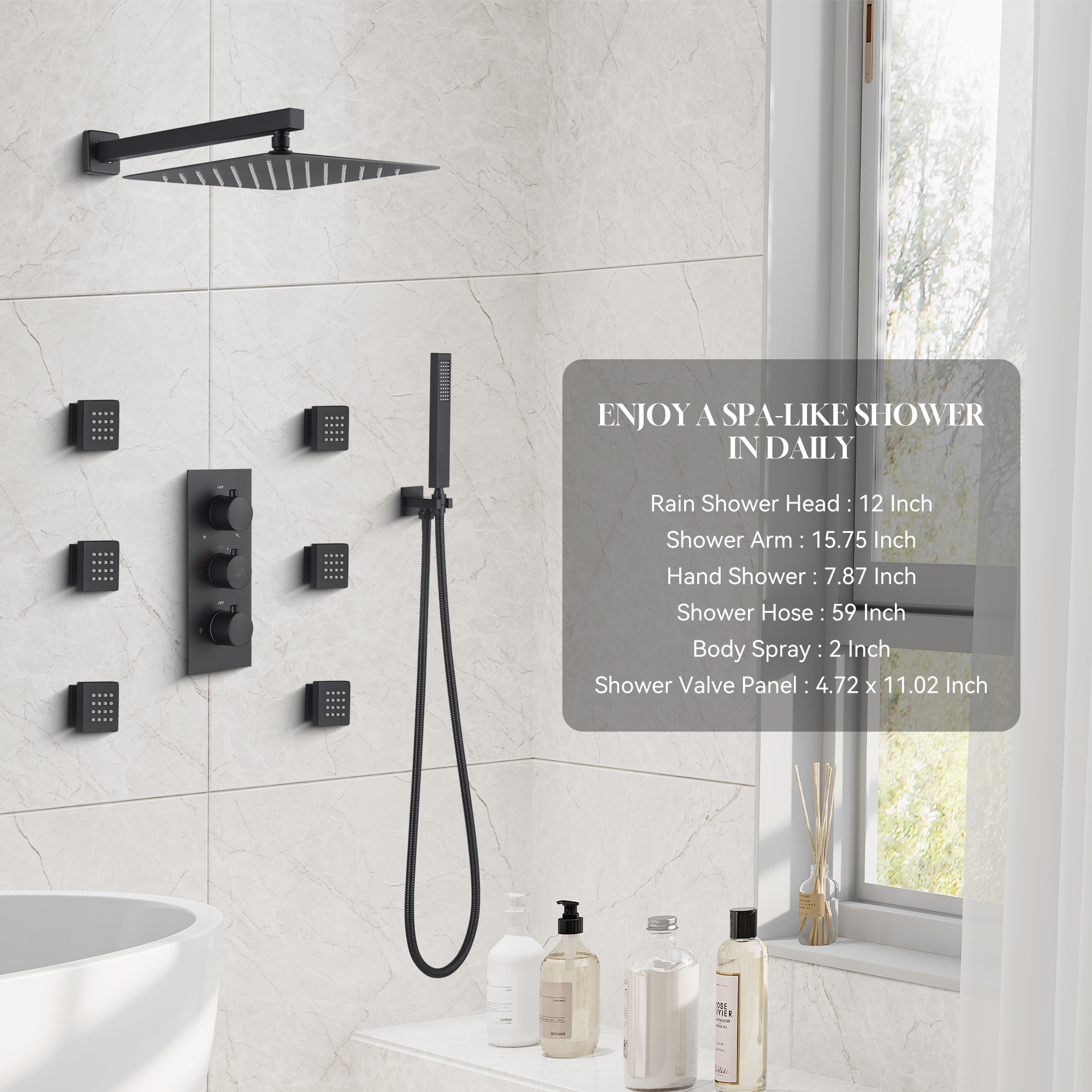 12" Thermostatic Complete Shower System with Rough-in Valve & 6 Body Jets