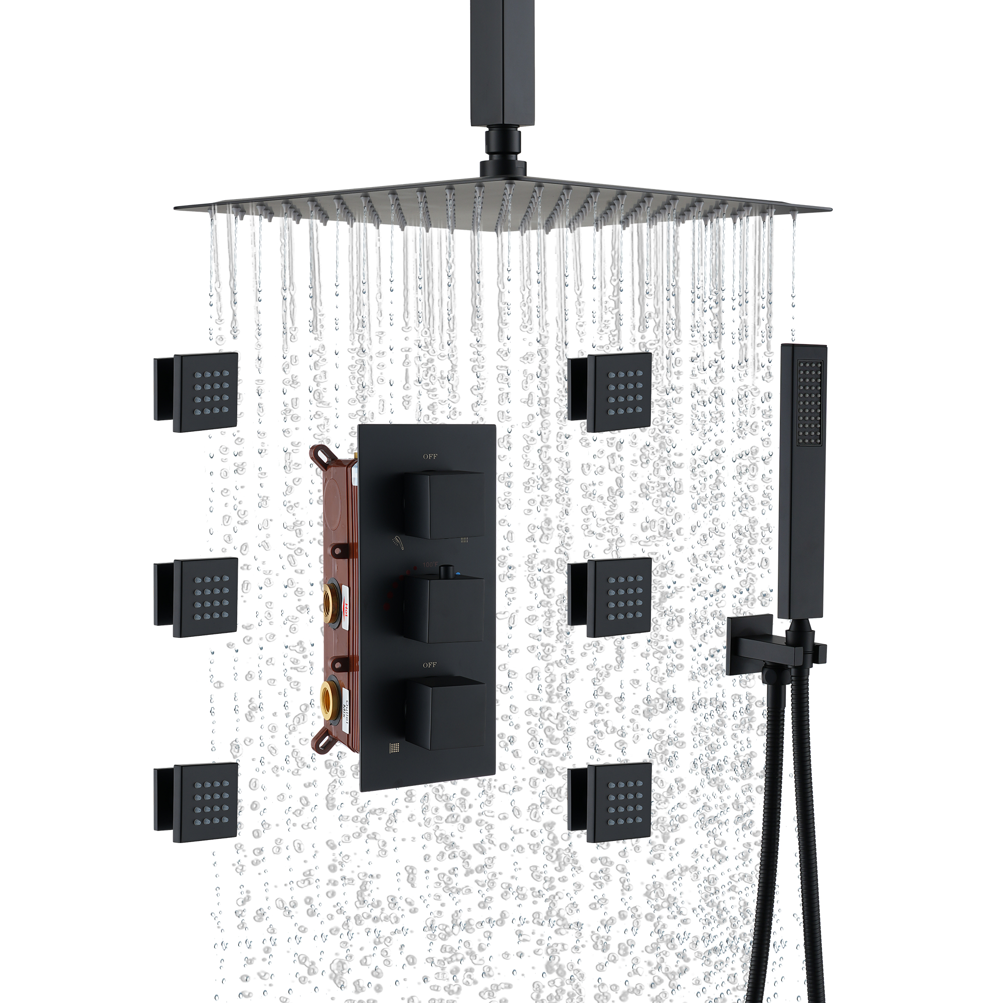 3-Function Ceiling-Mounted Thermostatic Shower System with 6 Body Jets