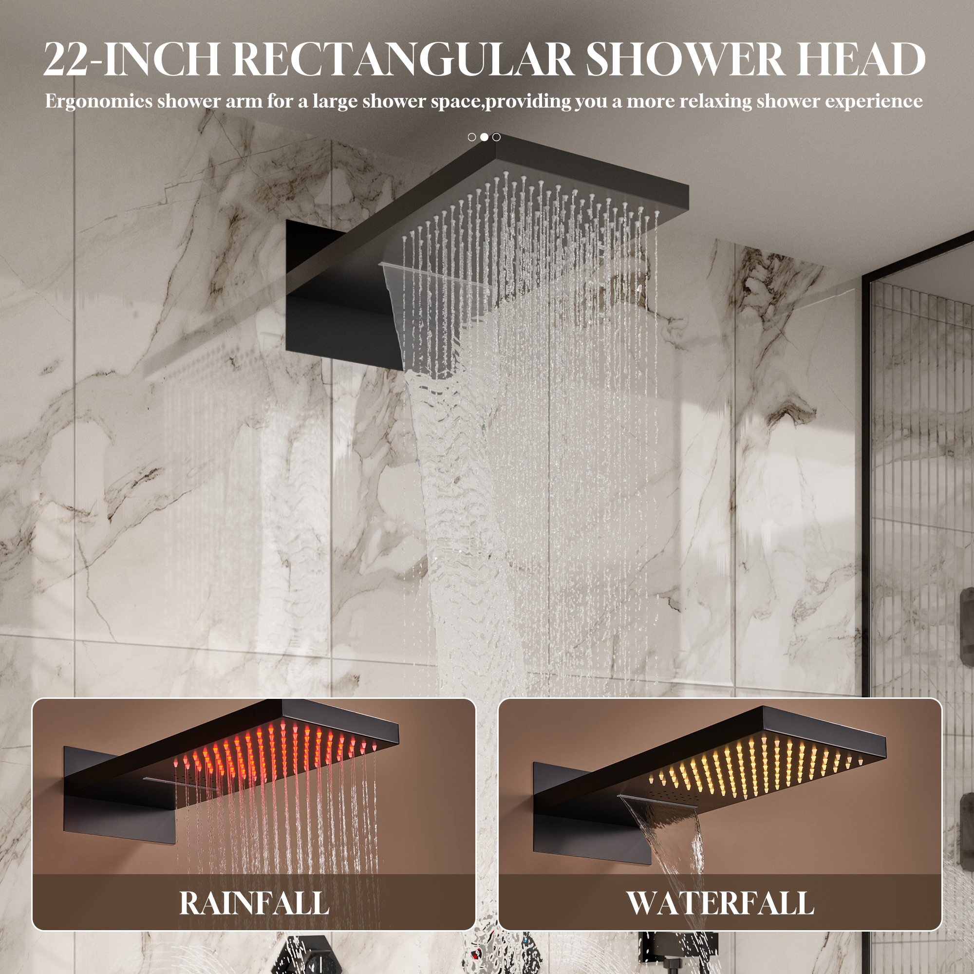 22" Wall-Mount Thermostatic Shower System with 64-Color LED & Built-In Music