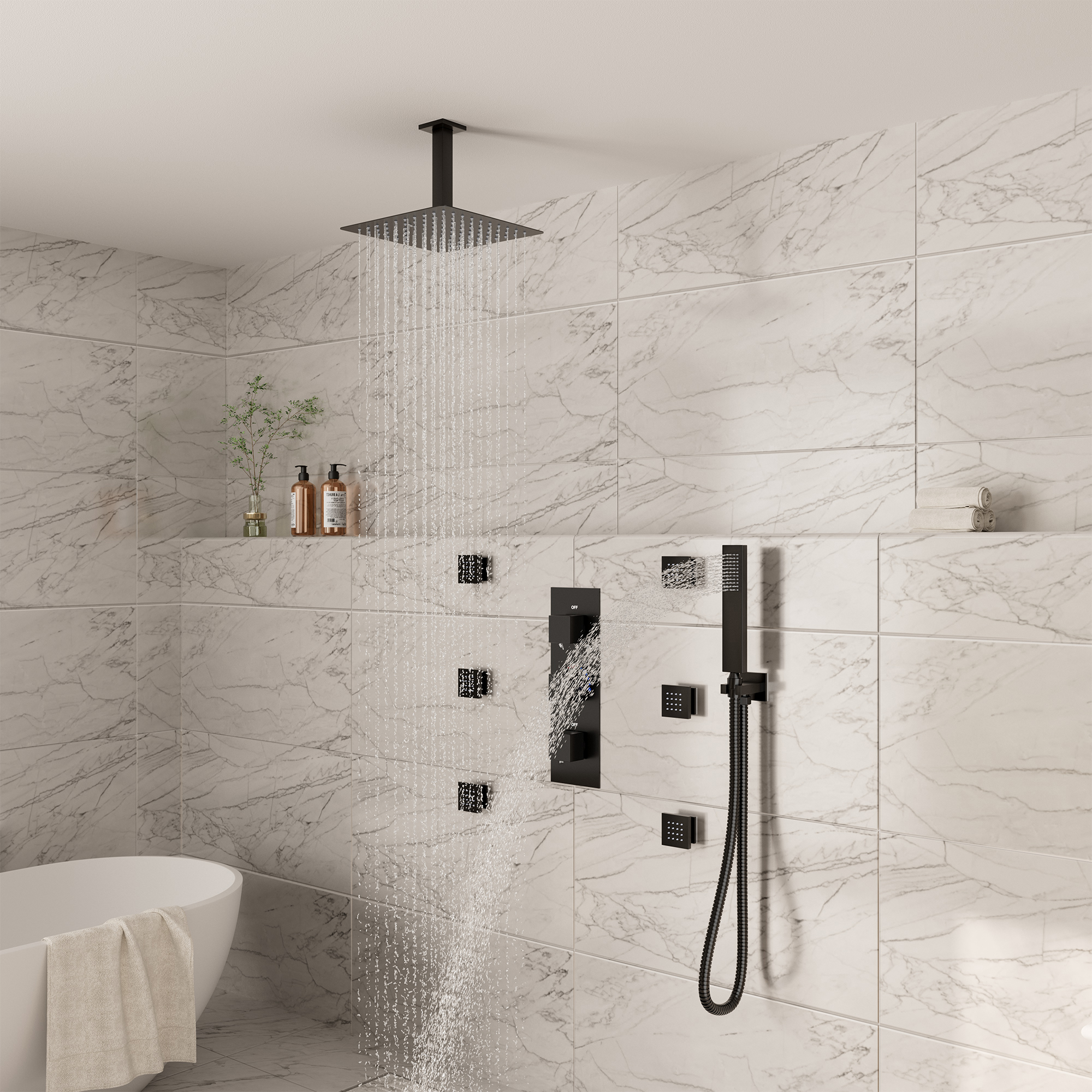 3-Function Ceiling-Mounted Thermostatic Shower System with 6 Body Jets