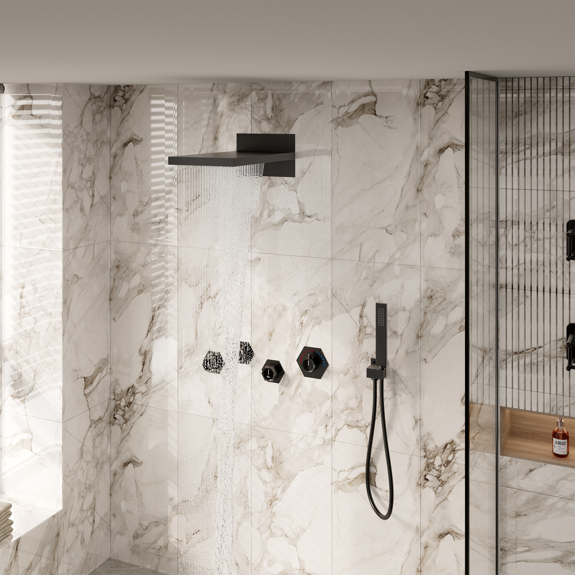 22" Wall-Mount Thermostatic Shower System with 64-Color LED & Built-In Music