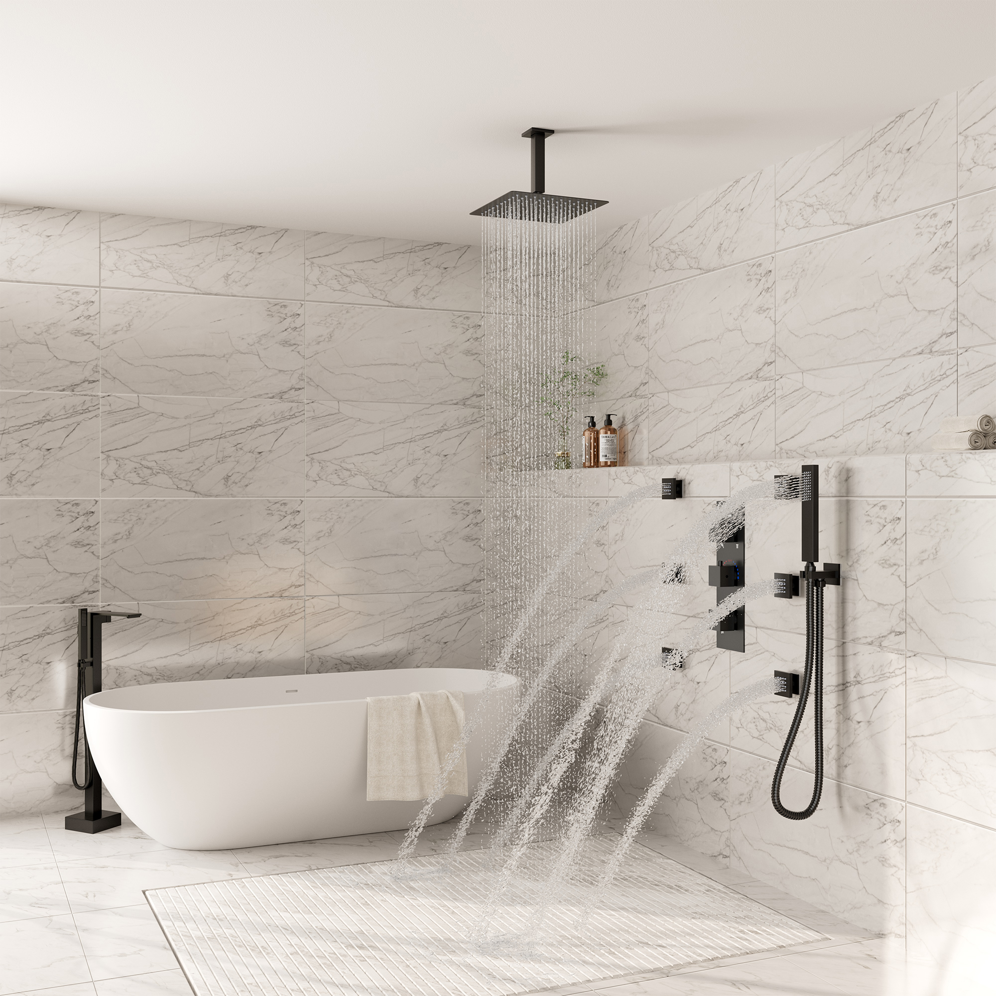3-Function Ceiling-Mounted Thermostatic Shower System with 6 Body Jets