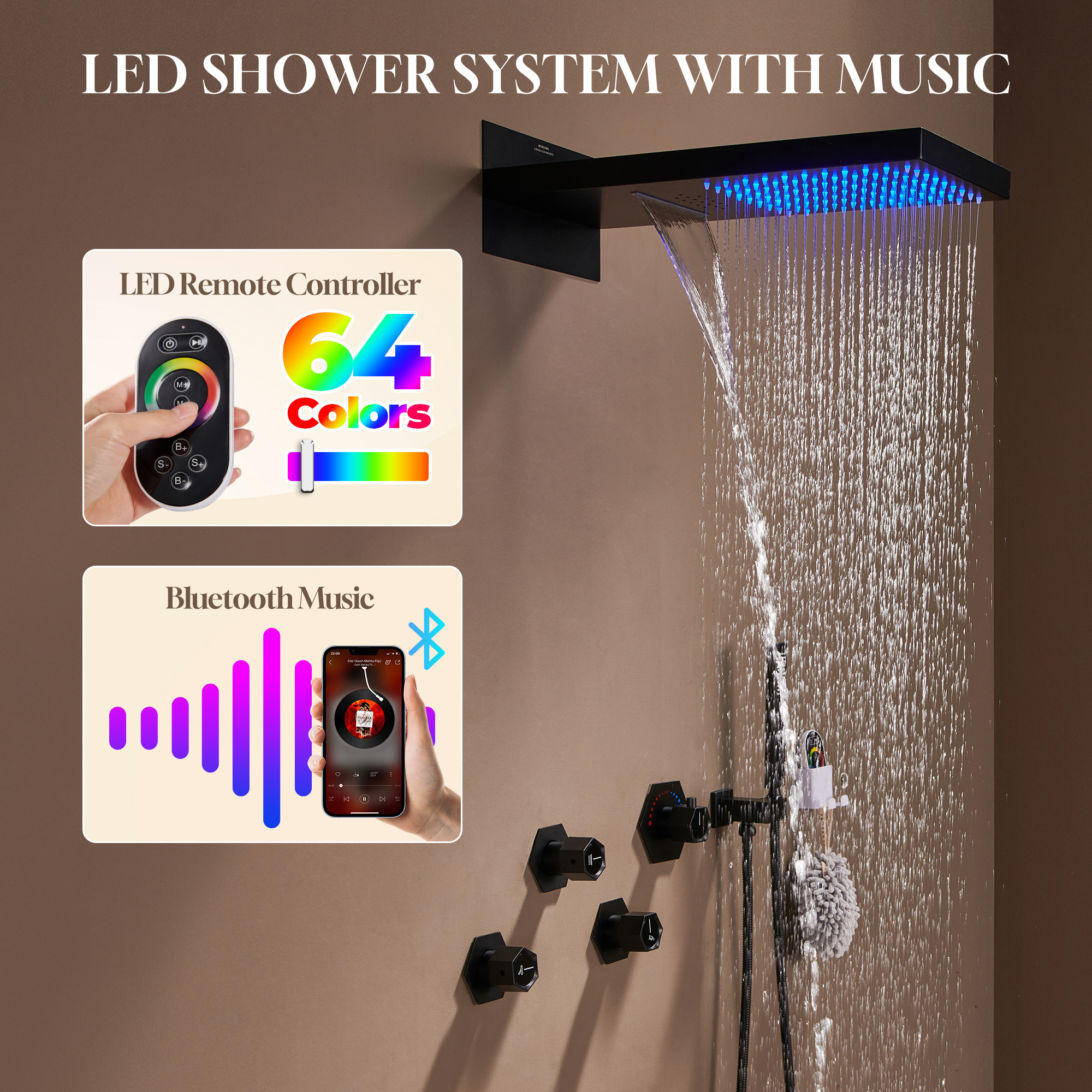22" Wall-Mount Thermostatic Shower System with 64-Color LED & Built-In Music