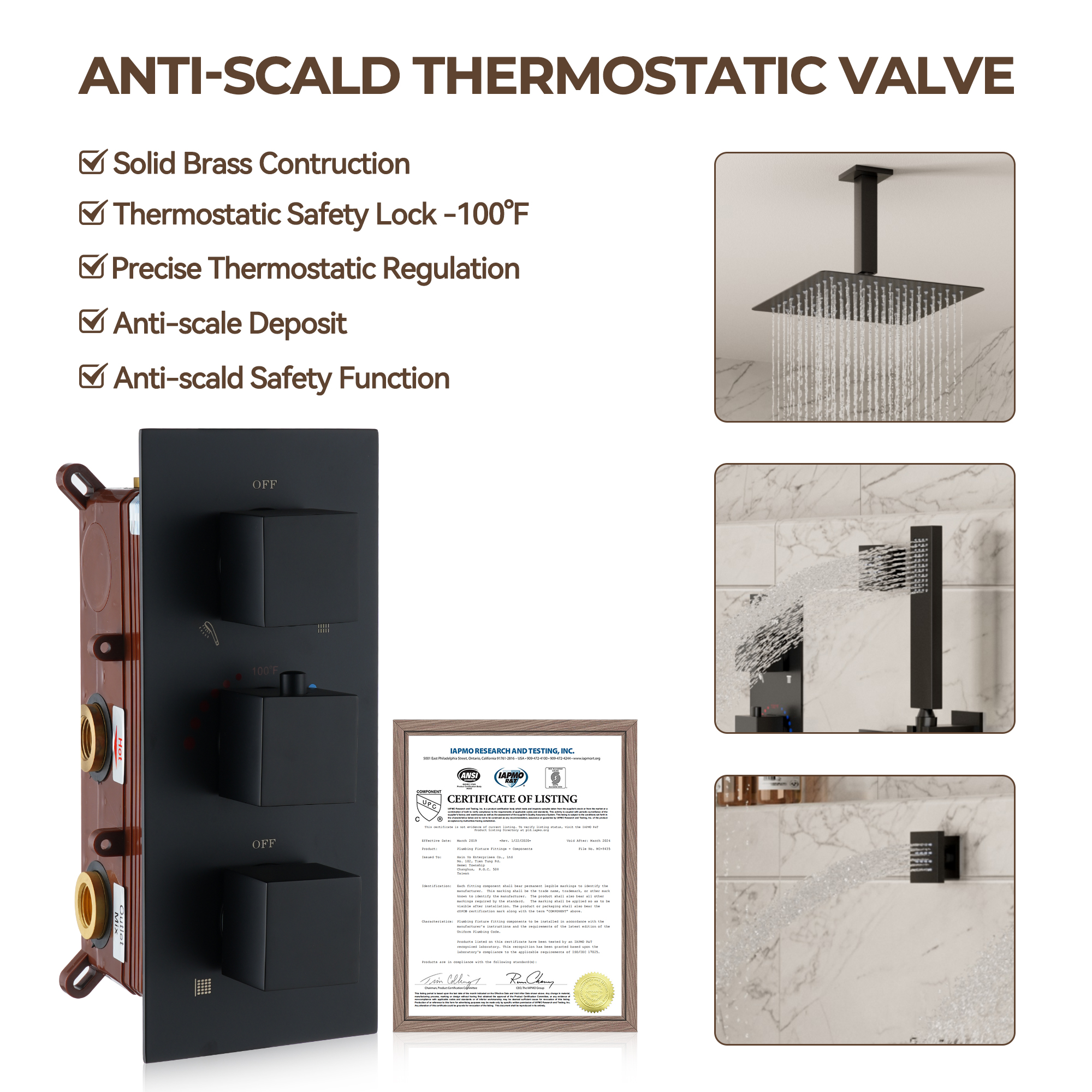 3-Function Ceiling-Mounted Thermostatic Shower System with 6 Body Jets