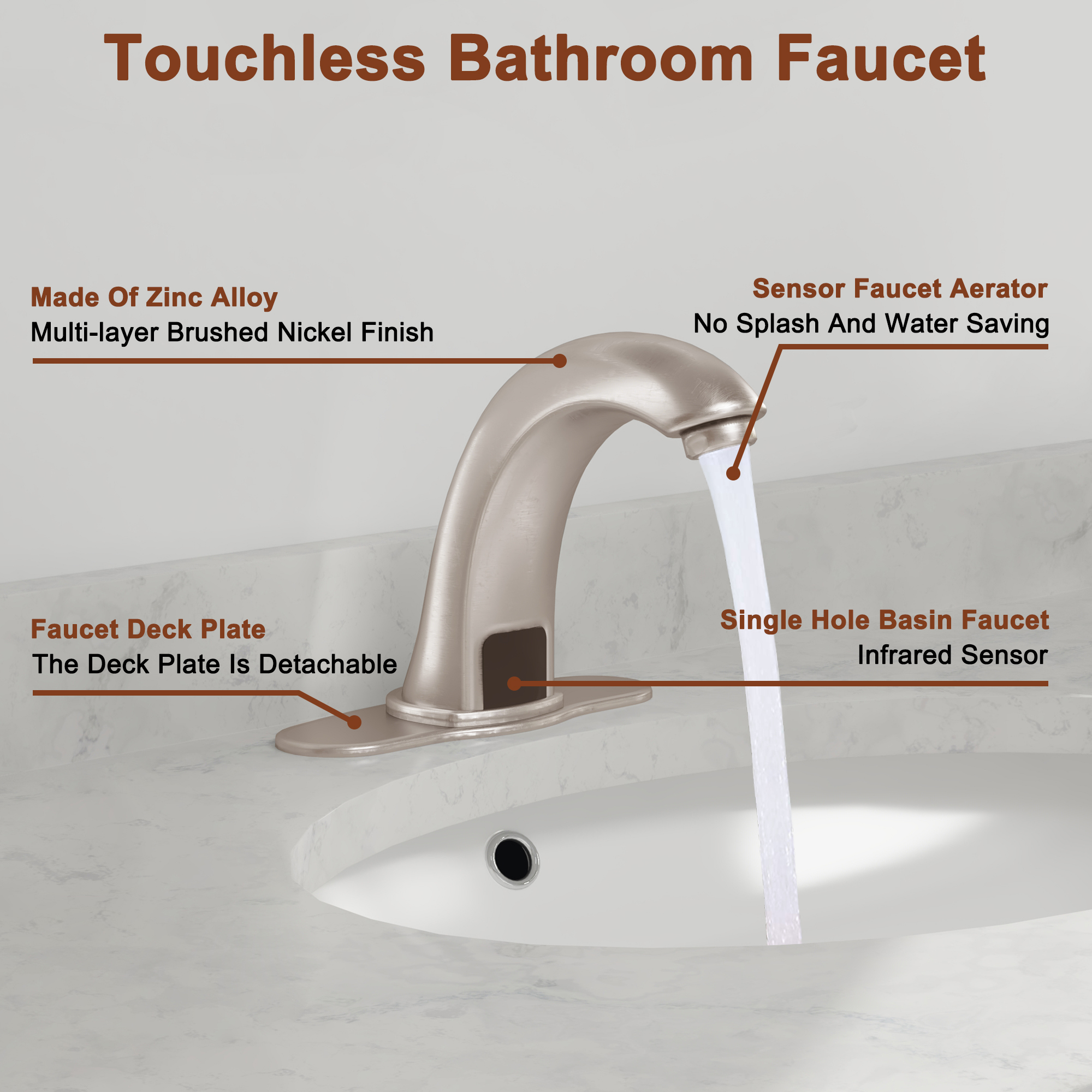 Hands-Free Touchless Bathroom Sink Faucet with Hole Cover Plate