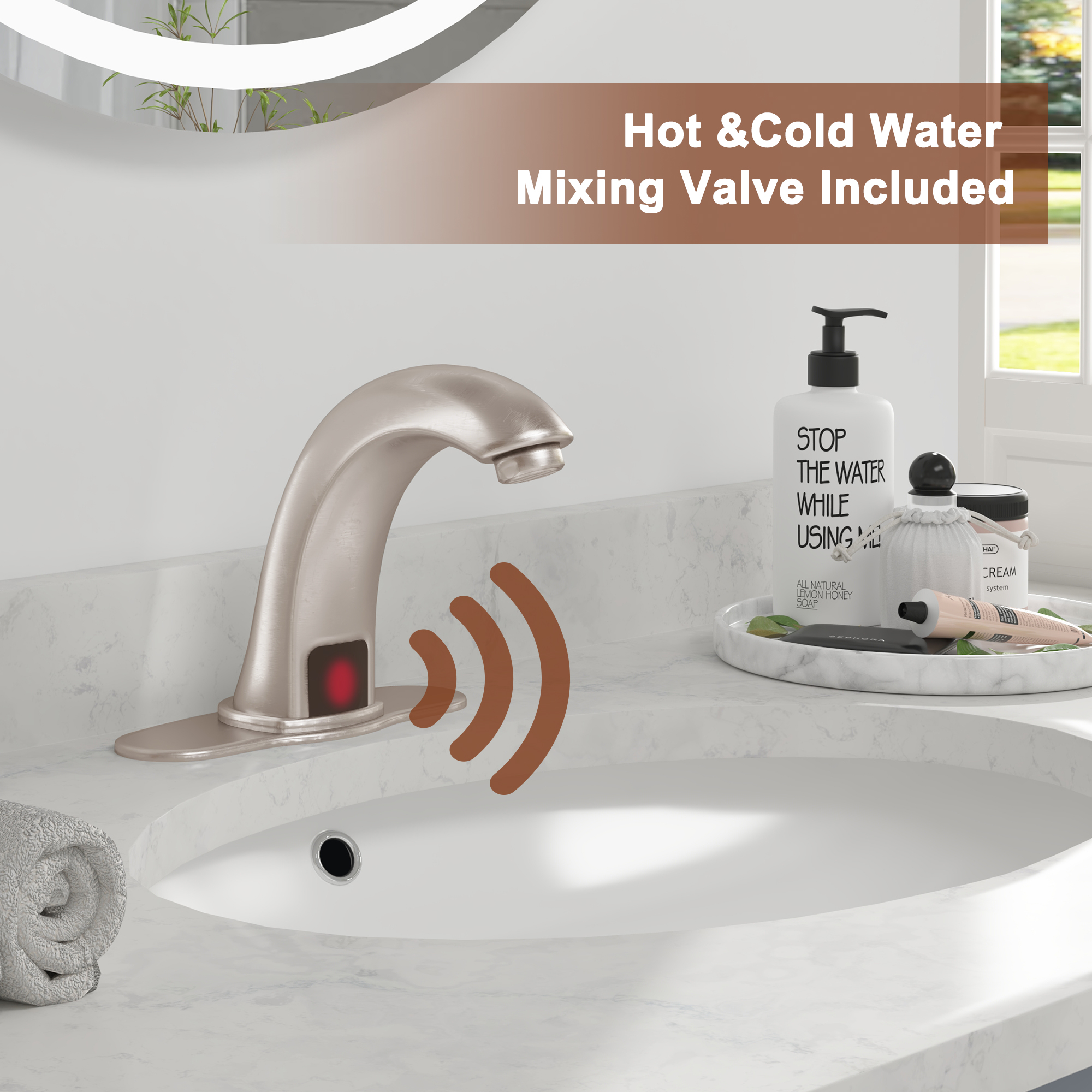 Hands-Free Touchless Bathroom Sink Faucet with Hole Cover Plate