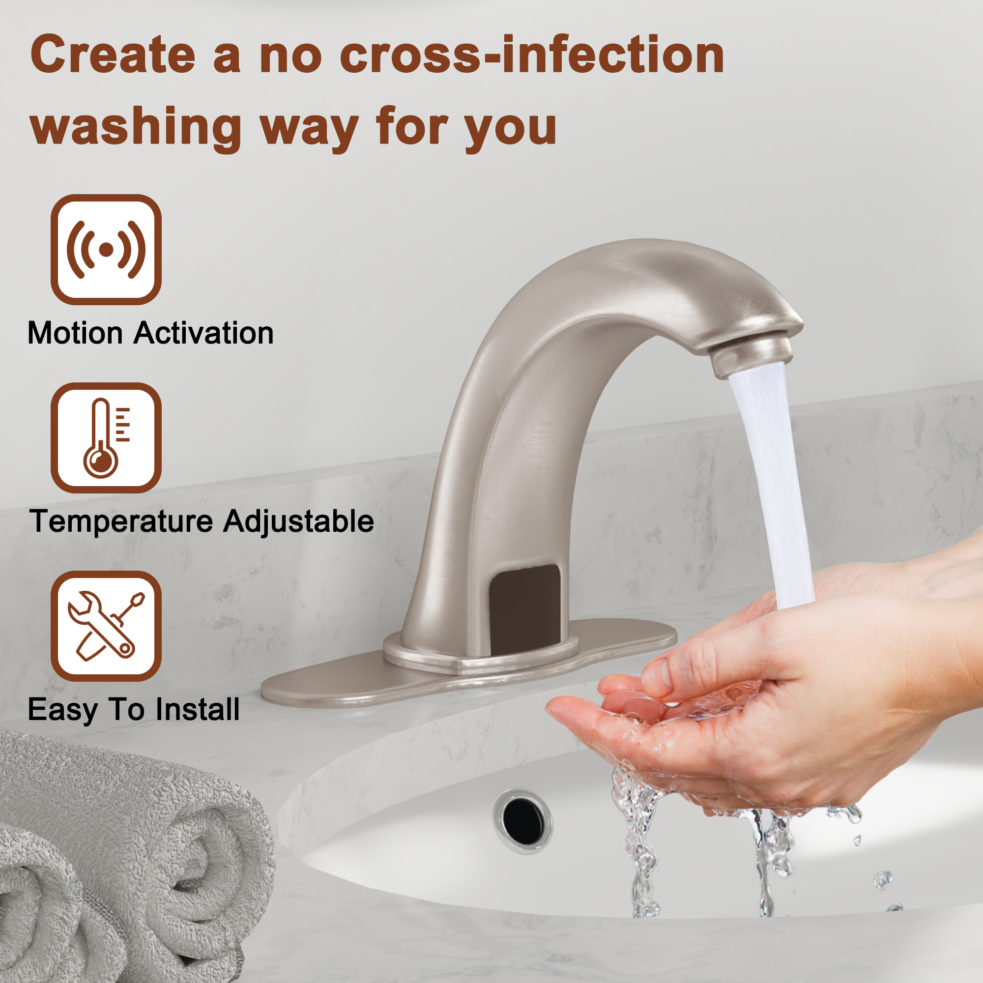 Hands-Free Touchless Bathroom Sink Faucet with Hole Cover Plate