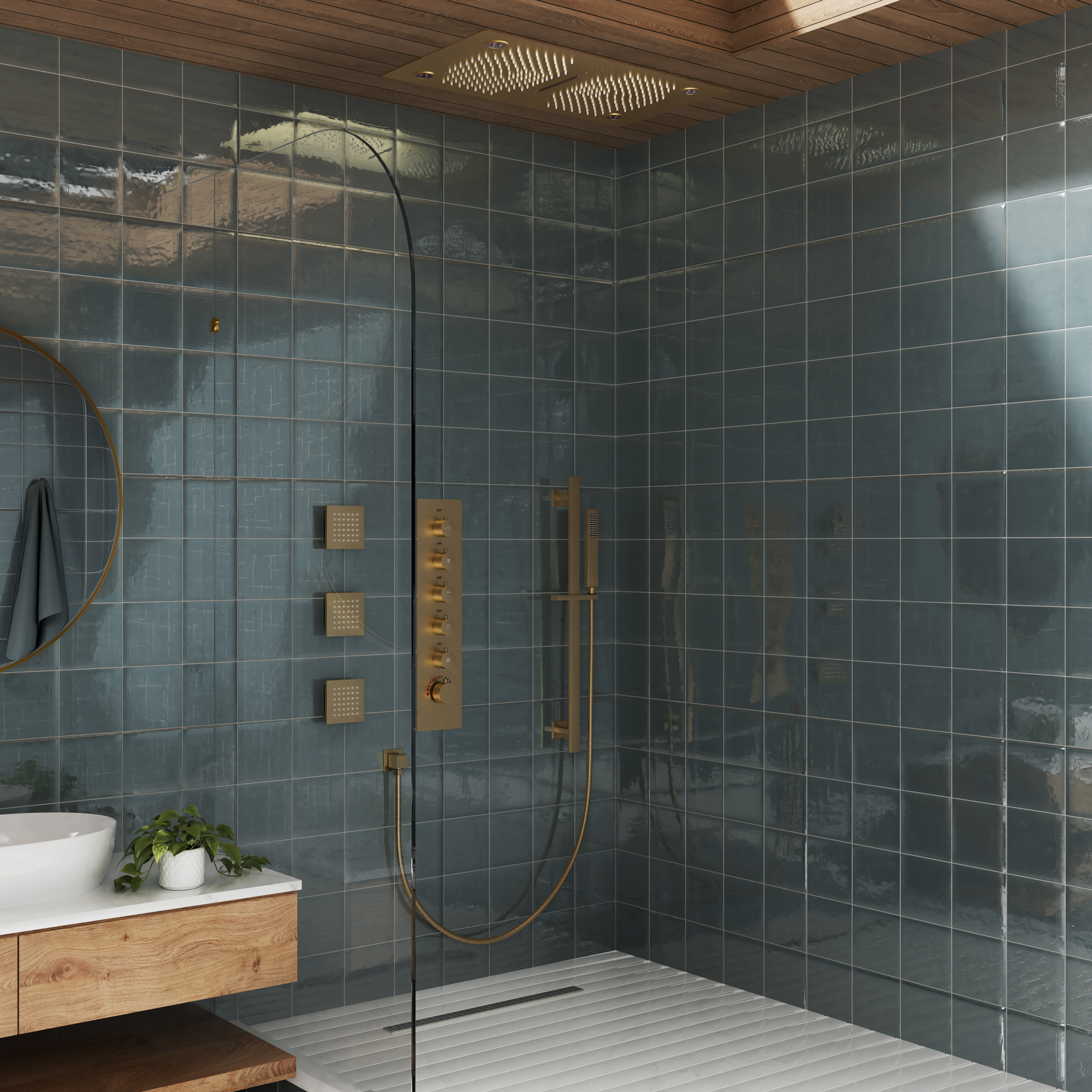 27.6" x 15.7" Luxury Thermostatic Shower System with LED Rainfall & Waterfall