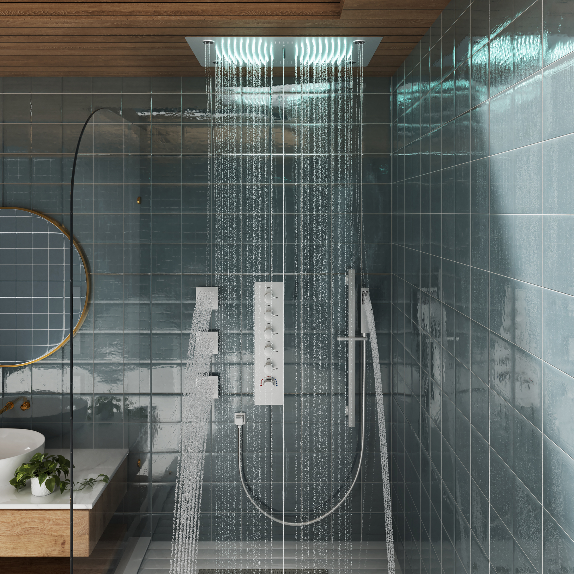 27.6" x 15.7" Luxury Thermostatic Shower System with LED Rainfall & Waterfall