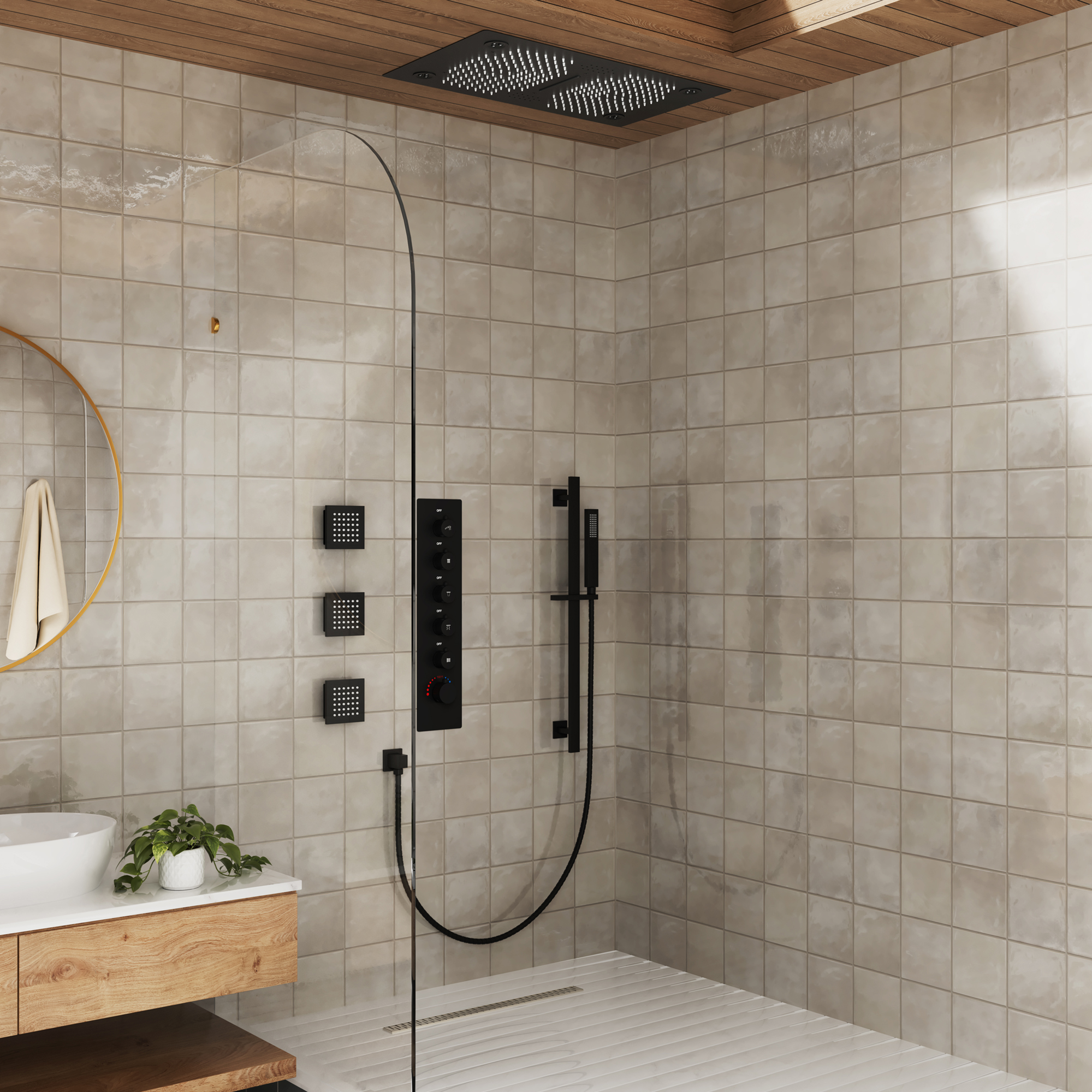27.6" x 15.7" Luxury Thermostatic Shower System with LED Rainfall & Waterfall