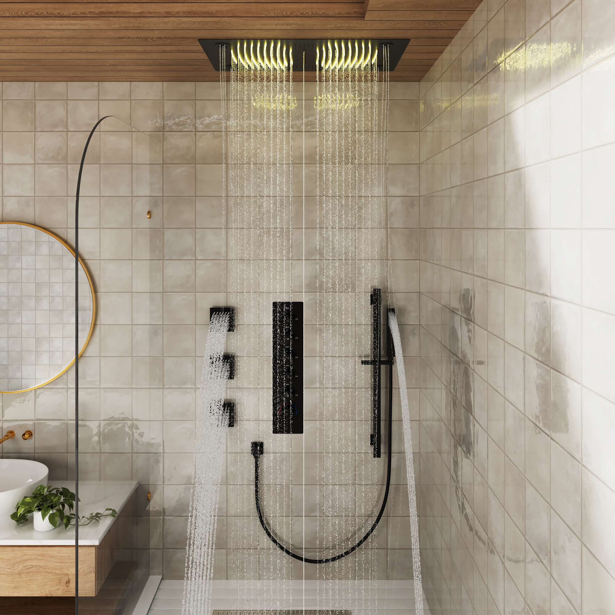 27.6" x 15.7" Luxury Thermostatic Shower System with LED Rainfall & Waterfall