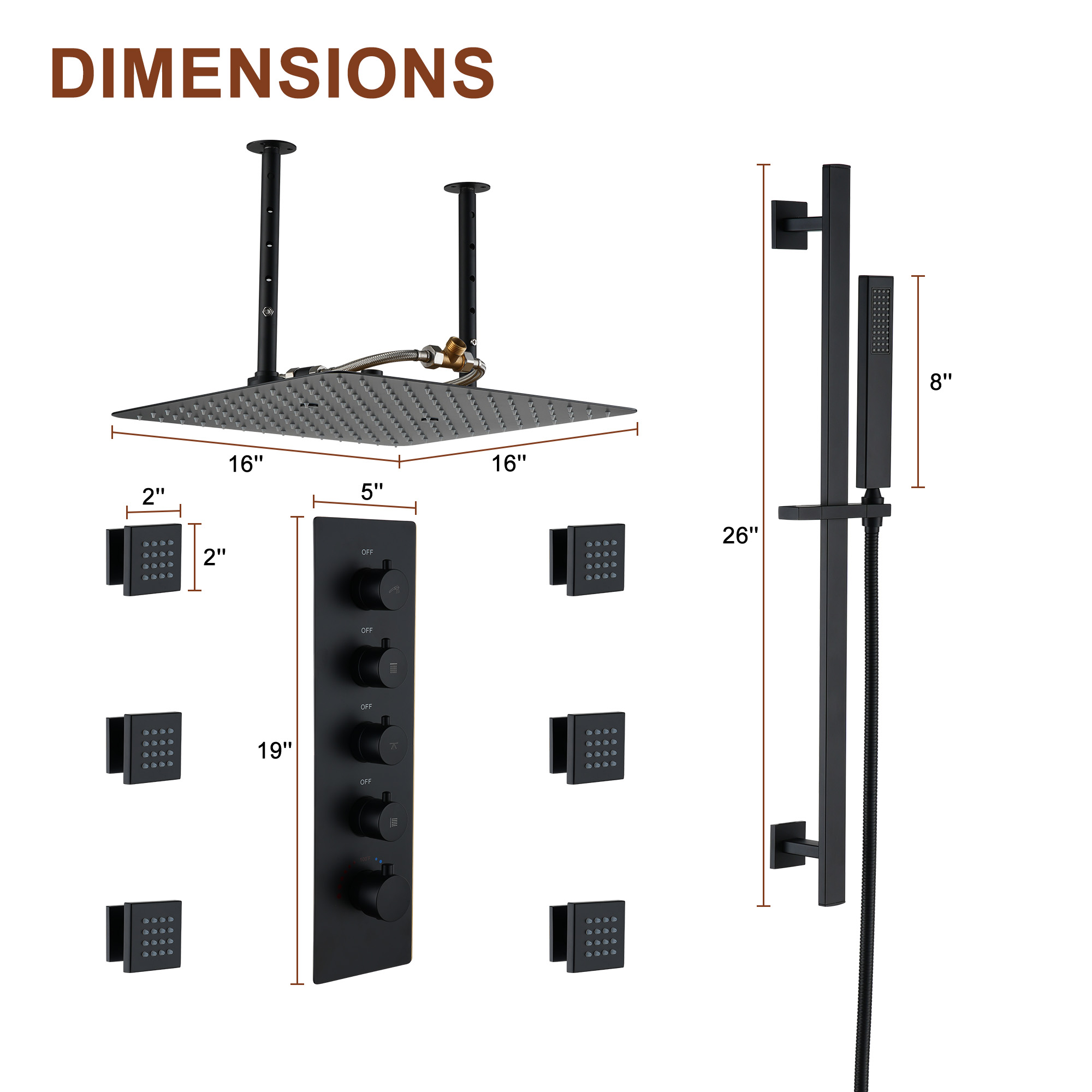 16“ Spa-Inspired Rainfall Shower System with Body Jets & Slide Bar