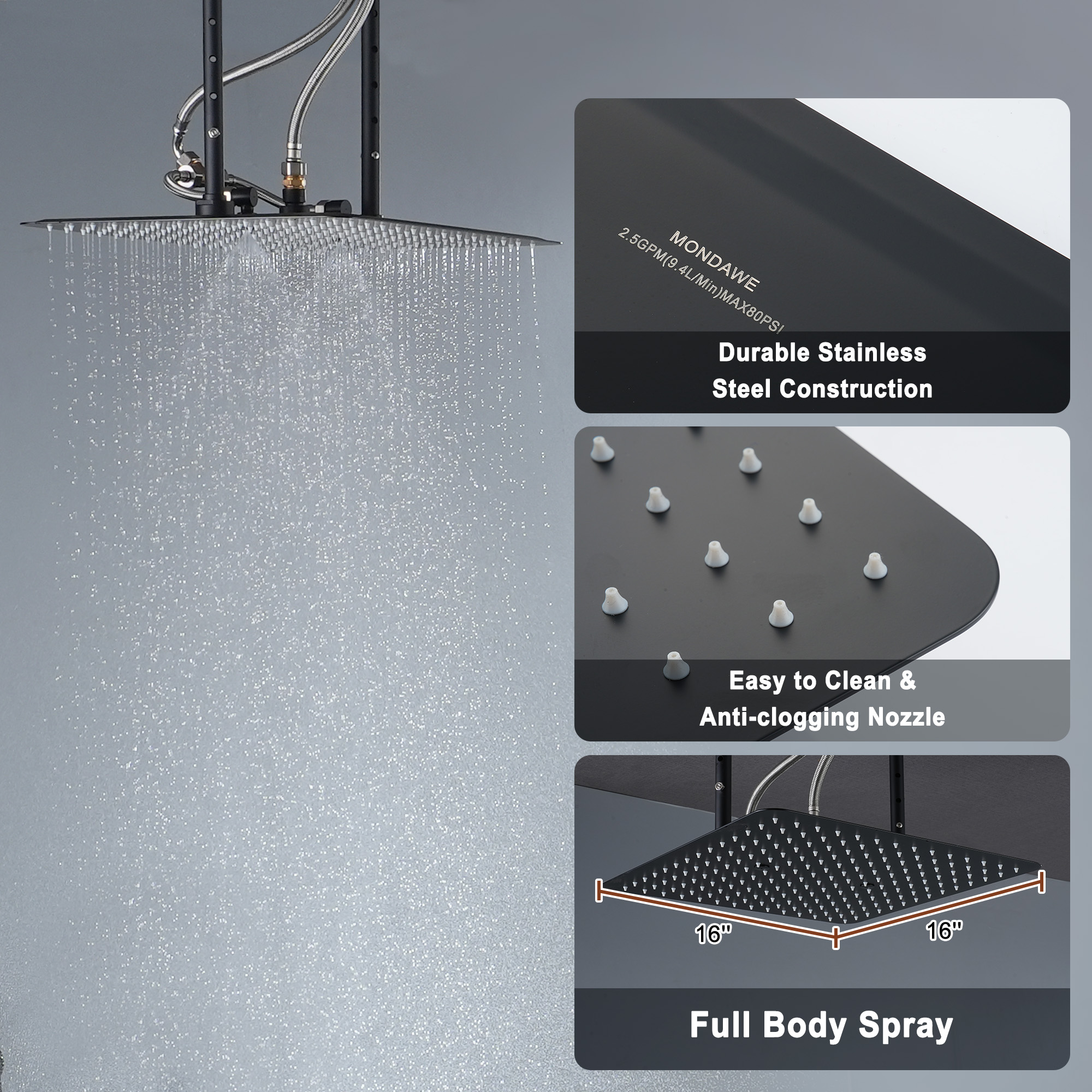 16“ Spa-Inspired Rainfall Shower System with Body Jets & Slide Bar