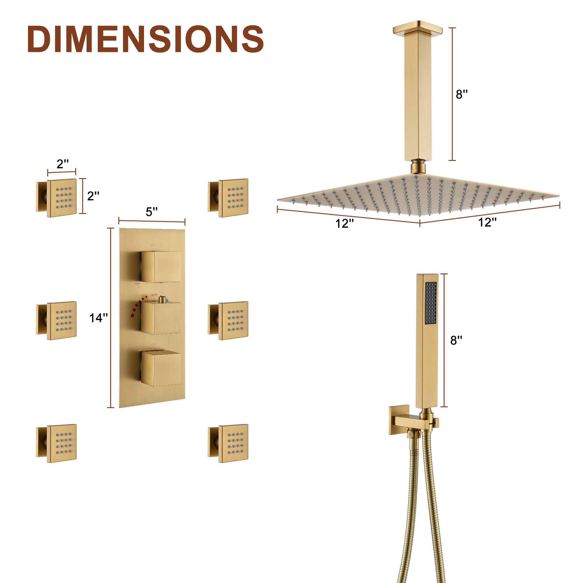 3-Function Ceiling-Mounted Thermostatic Shower System with 6 Body Jets