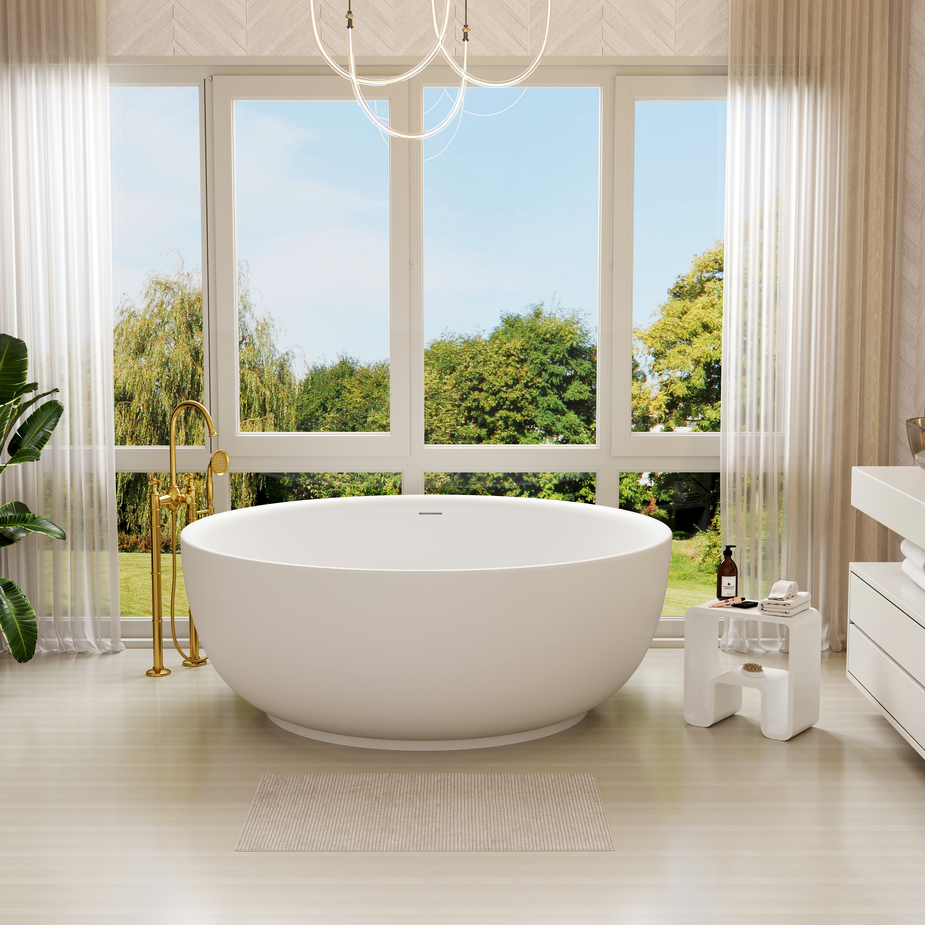 59" Round Solid Surface Freestanding Bathtub for Two in Matte White