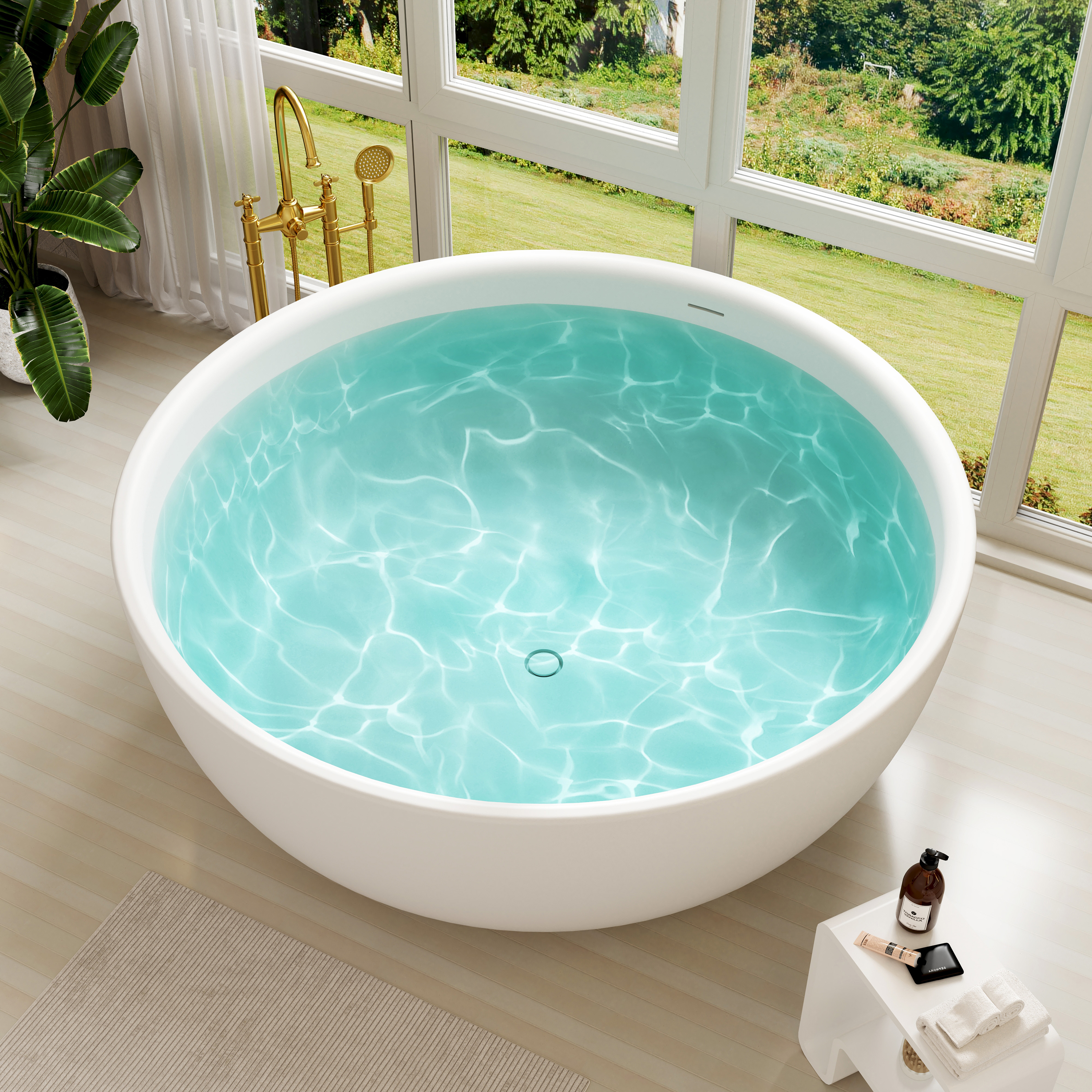 59" Round Solid Surface Freestanding Bathtub for Two in Matte White