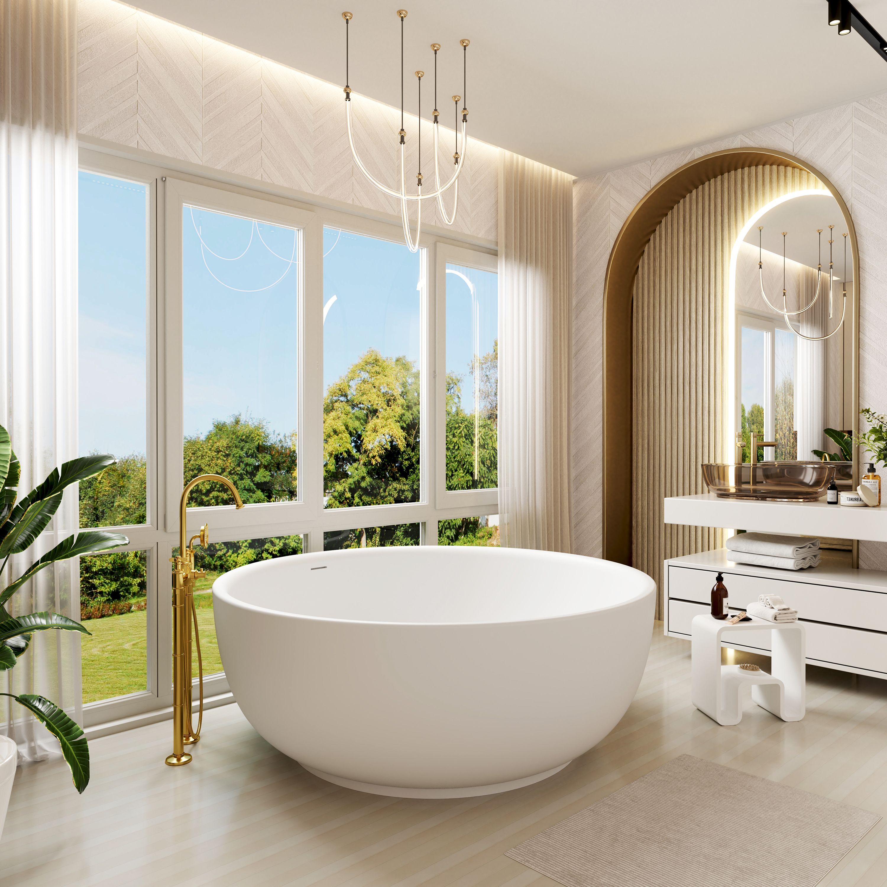 59" Round Solid Surface Freestanding Bathtub for Two in Matte White