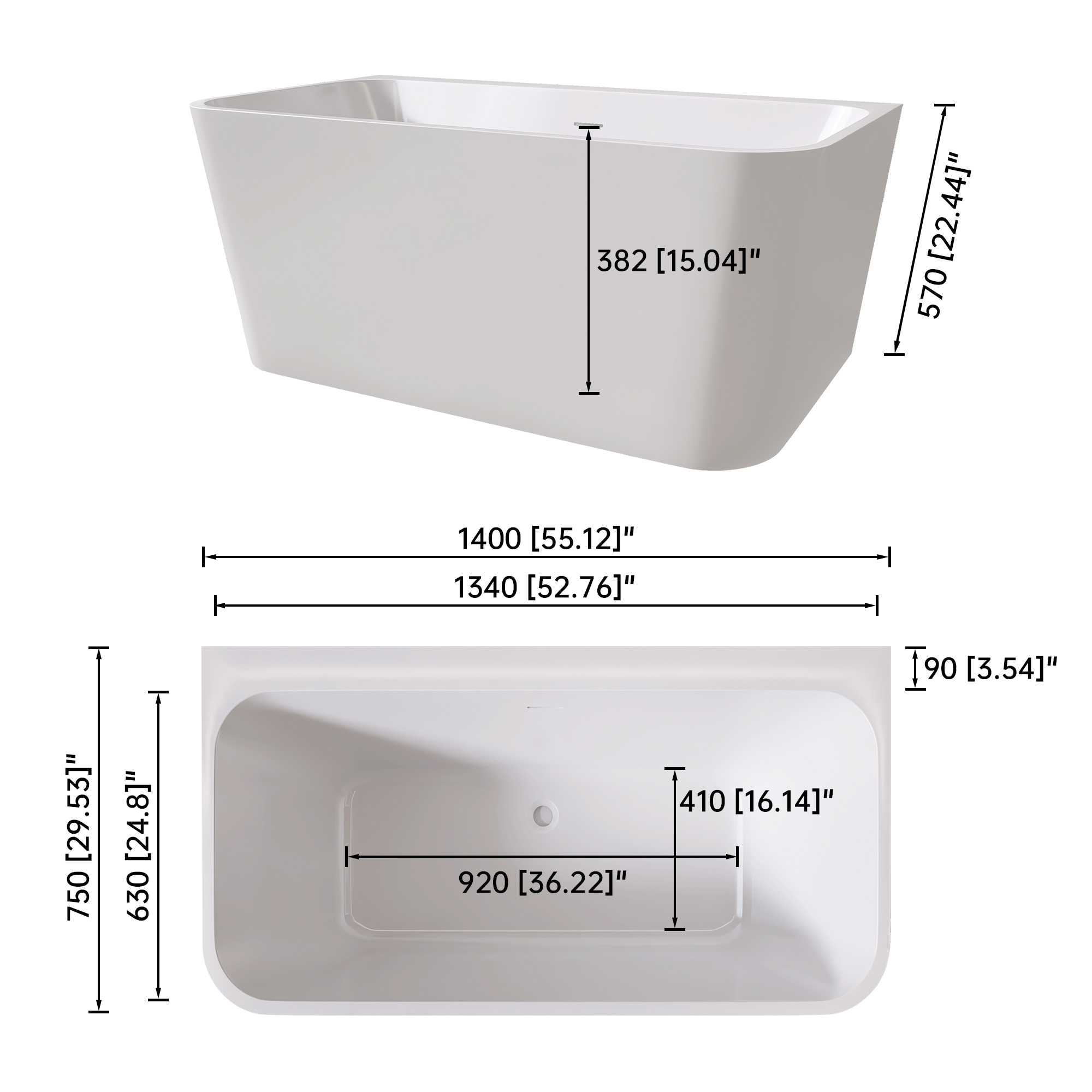 55"/59" Glossy White Square Freestanding Acrylic Bathtub with Modern Industrial Design