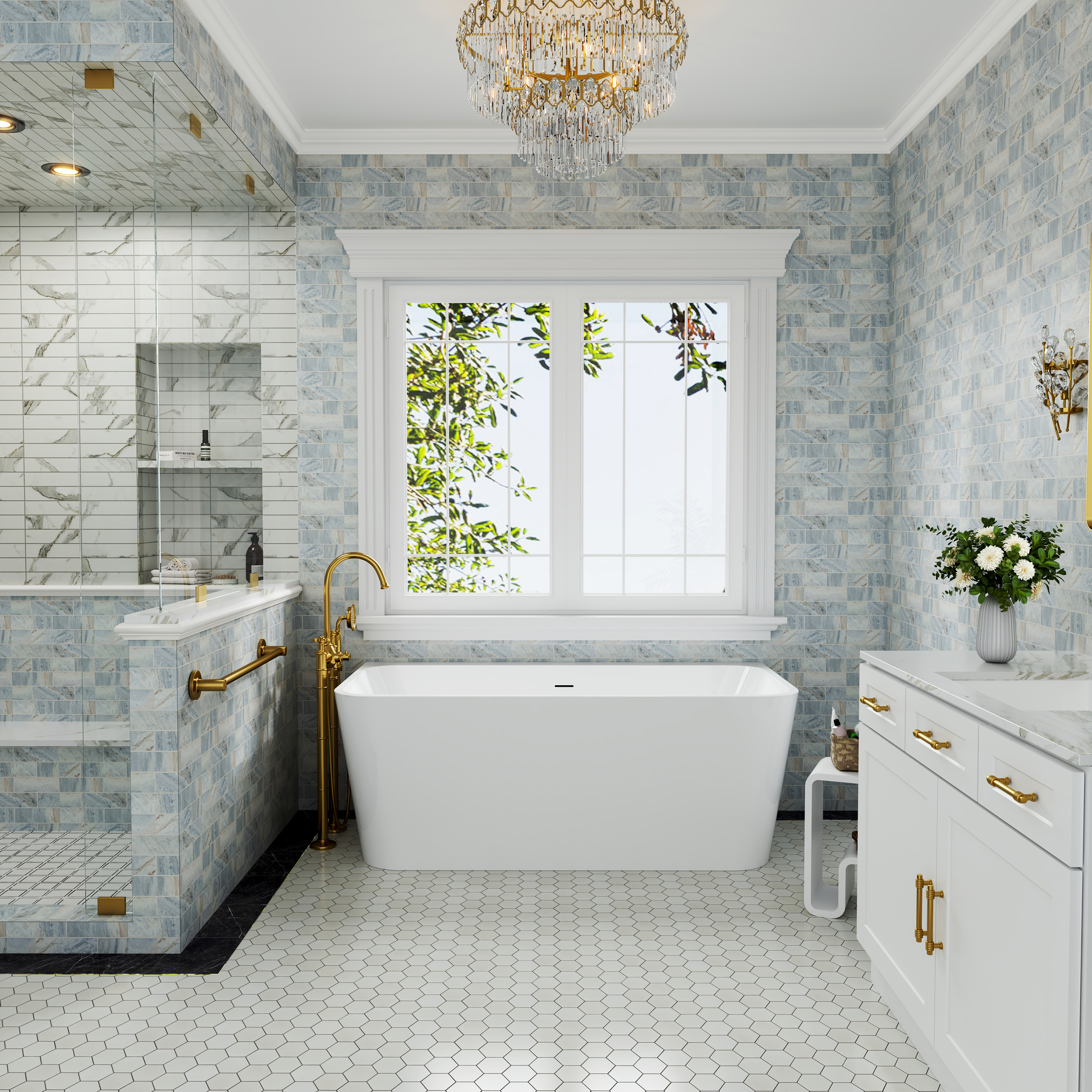 55"/59" Glossy White Square Freestanding Acrylic Bathtub with Modern Industrial Design