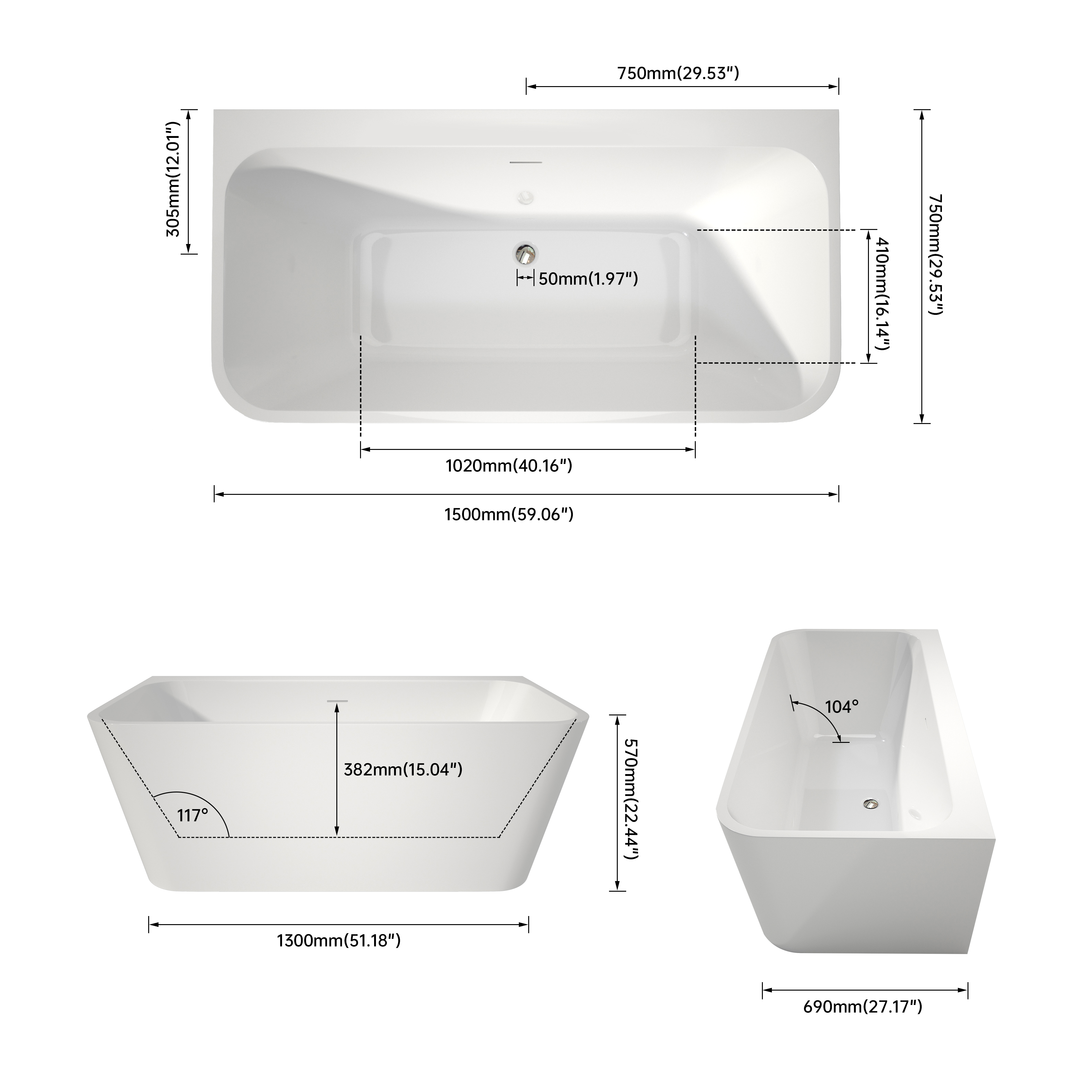 55"/59" Glossy White Square Freestanding Acrylic Bathtub with Modern Industrial Design