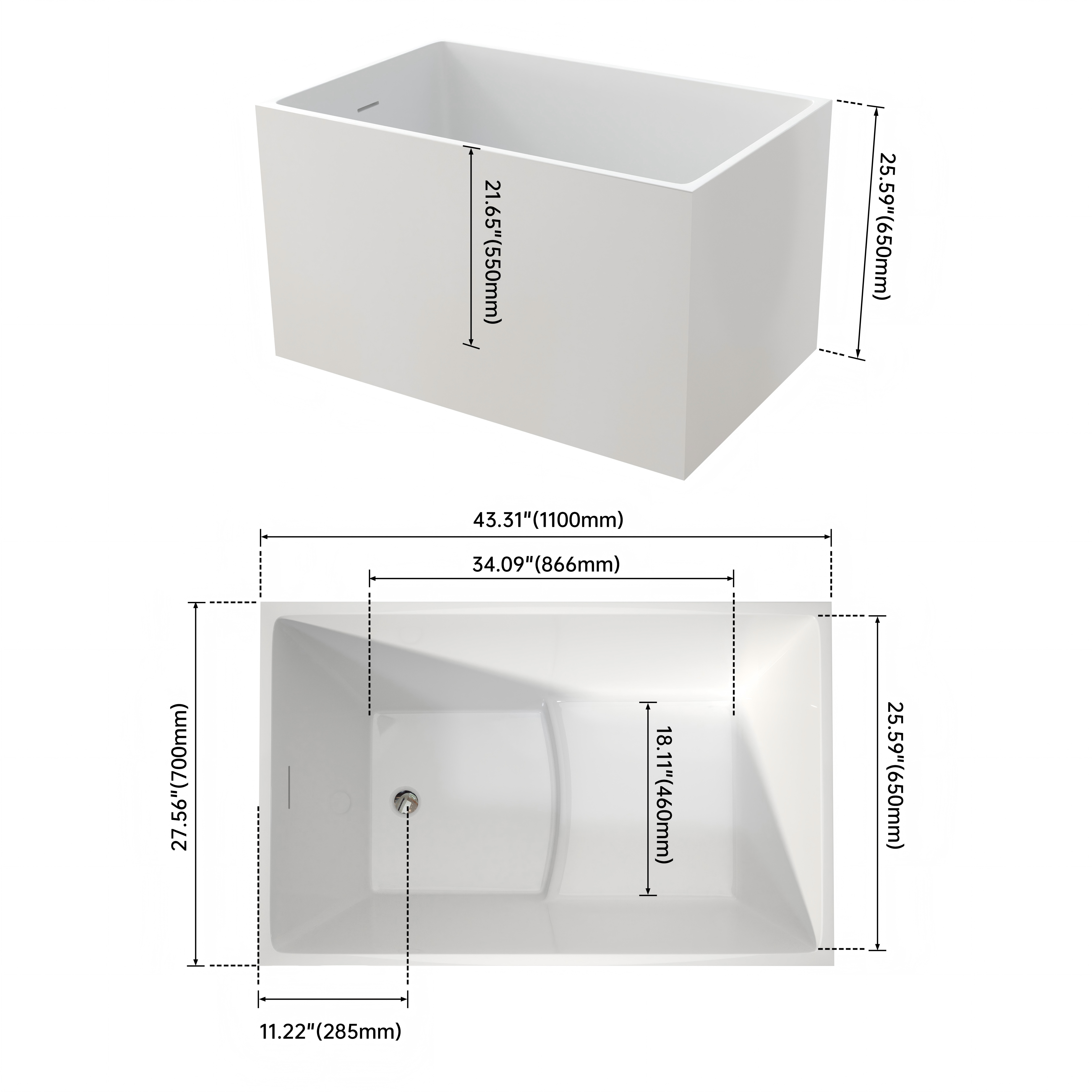 43" Scandinavian Minimalist Acrylic Freestanding Bathtub with Built-In Seat