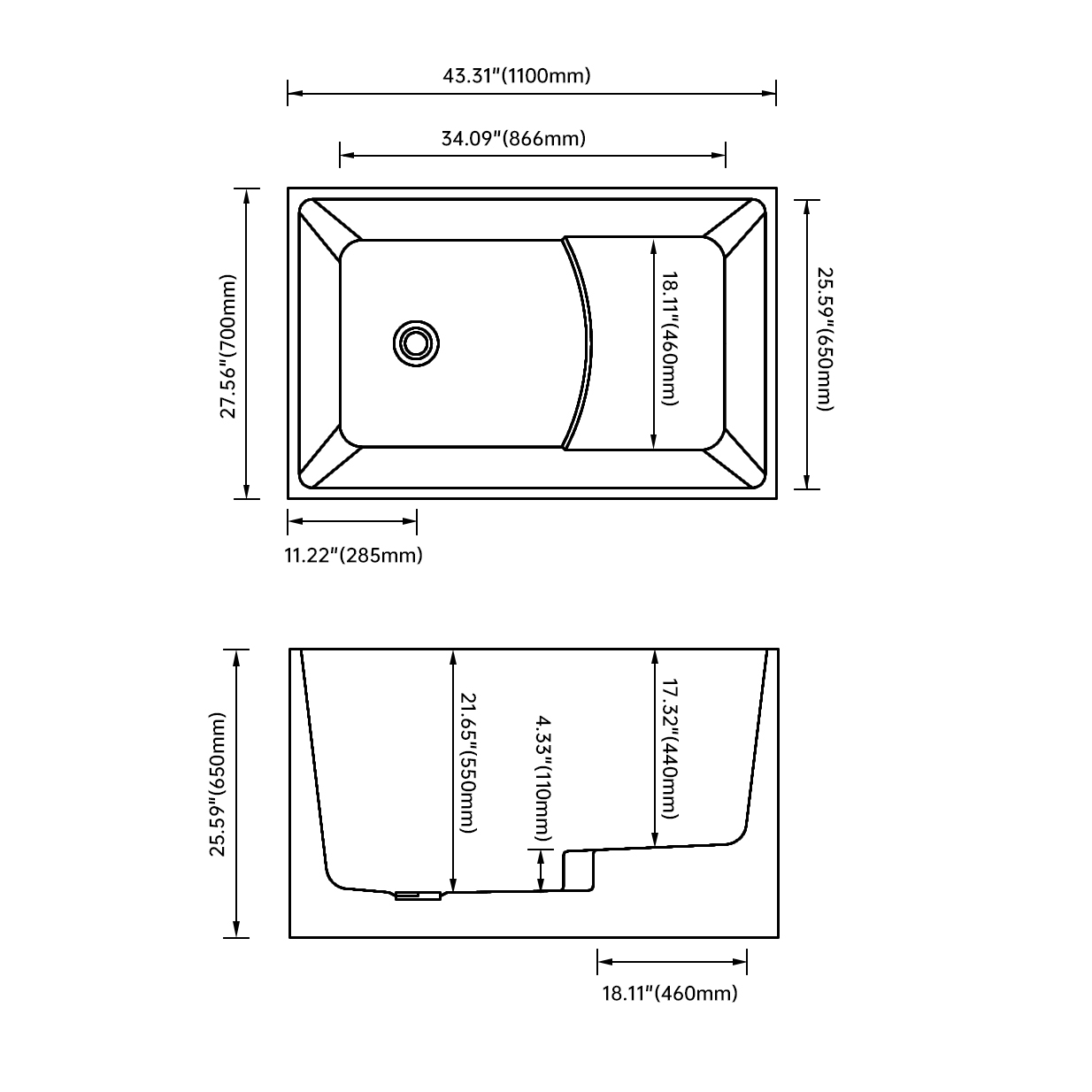 43" Scandinavian Minimalist Acrylic Freestanding Bathtub with Built-In Seat