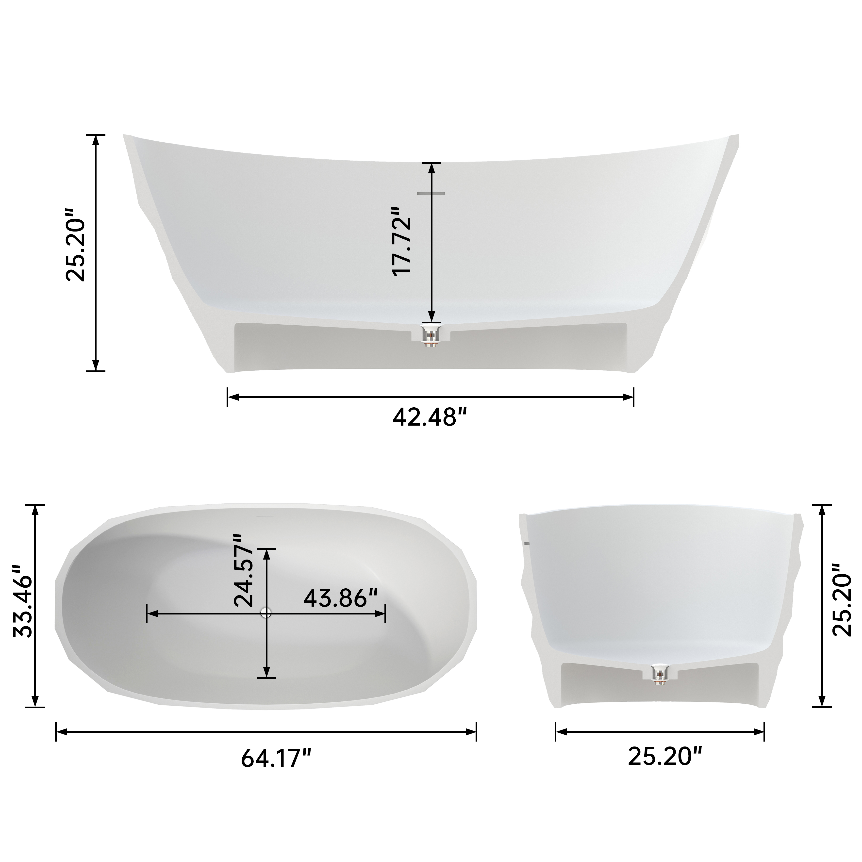 64" Matte White Faceted Solid-Surface Freestanding Bathtub with
