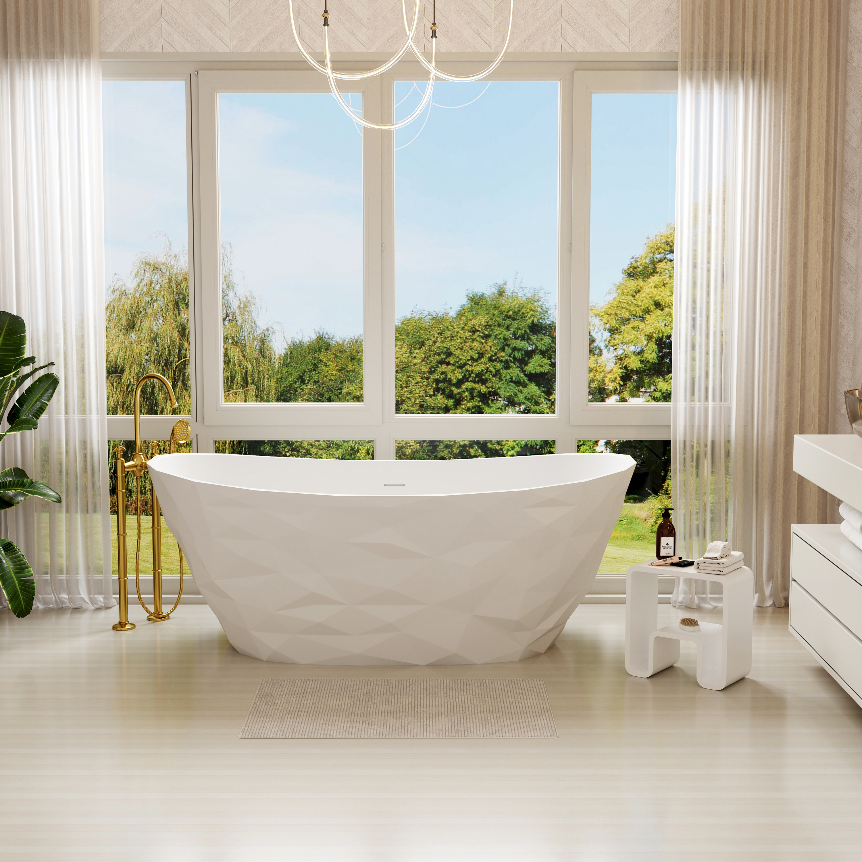 64" Matte White Faceted Solid Surface Freestanding Bathtub with Architectural Geometry