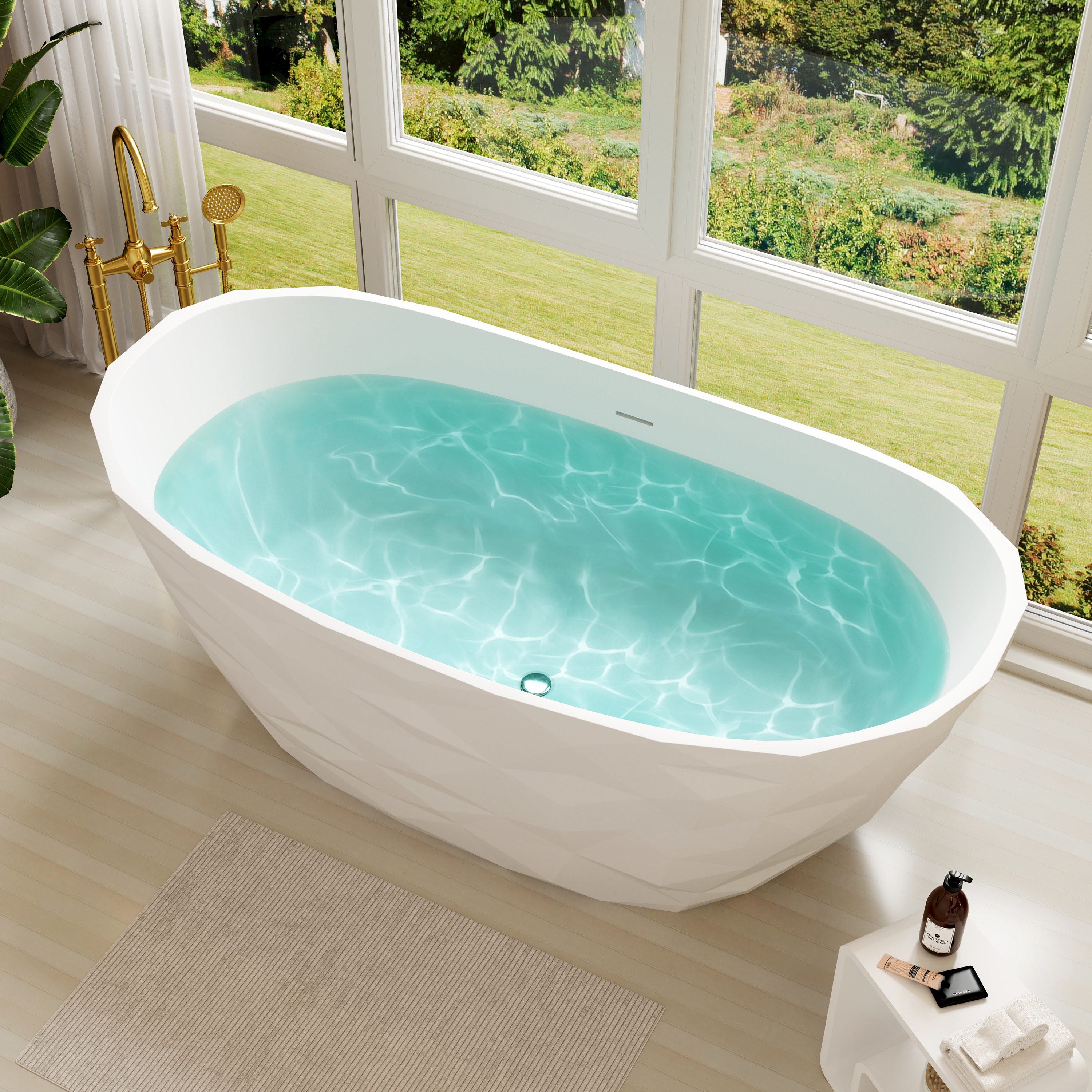 64" Matte White Faceted Solid Surface Freestanding Bathtub with Architectural Geometry