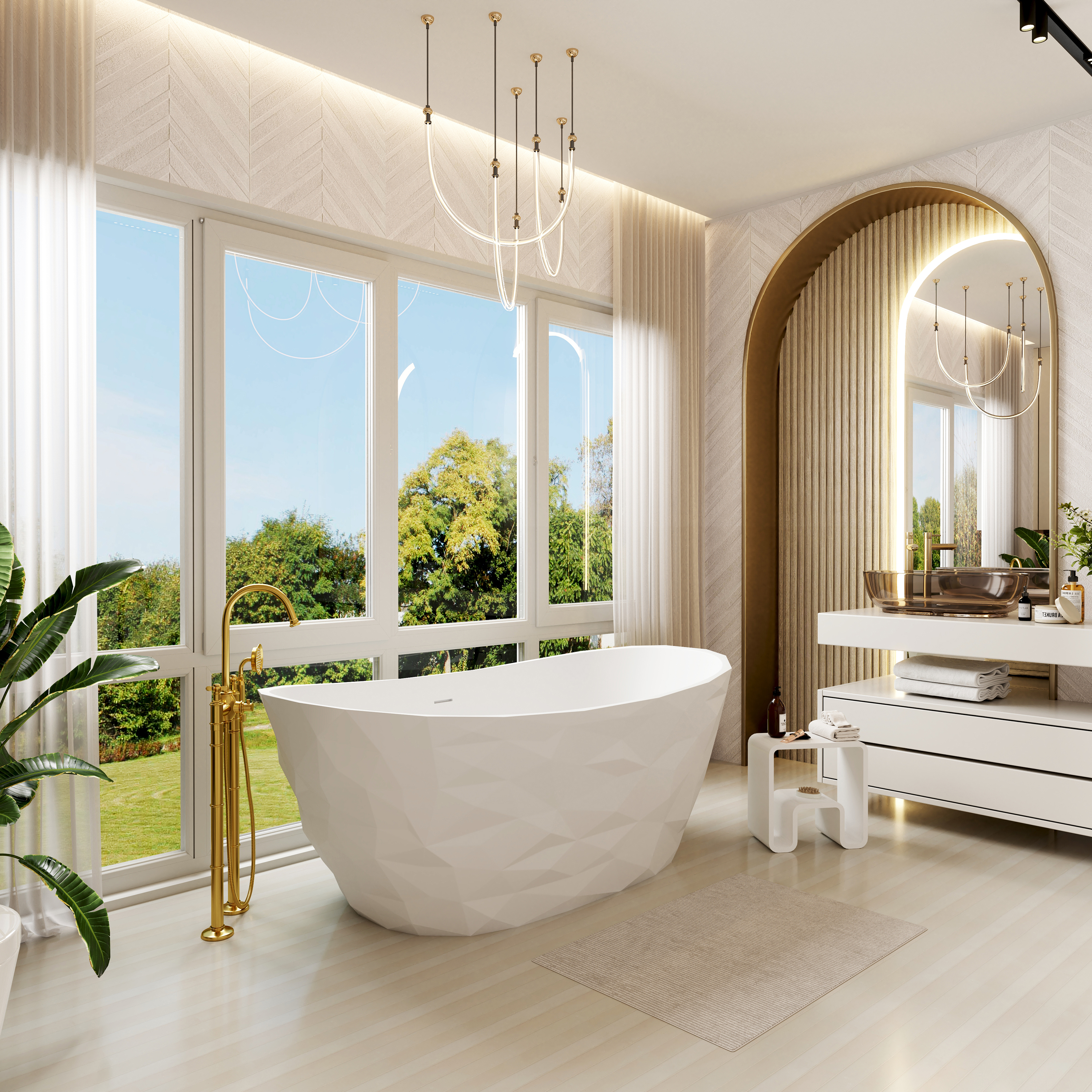 64" Matte White Faceted Solid Surface Freestanding Bathtub with Architectural Geometry