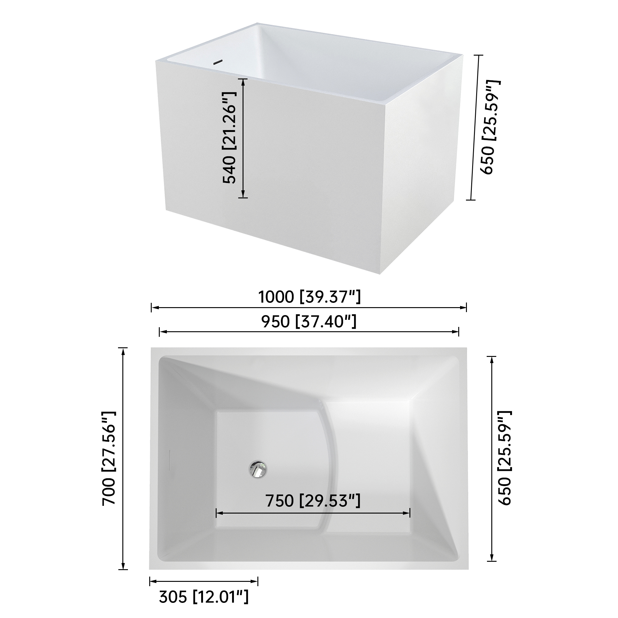 39"/47" Glossy White Minimalist Freestanding Bathtub with Built-In Seat