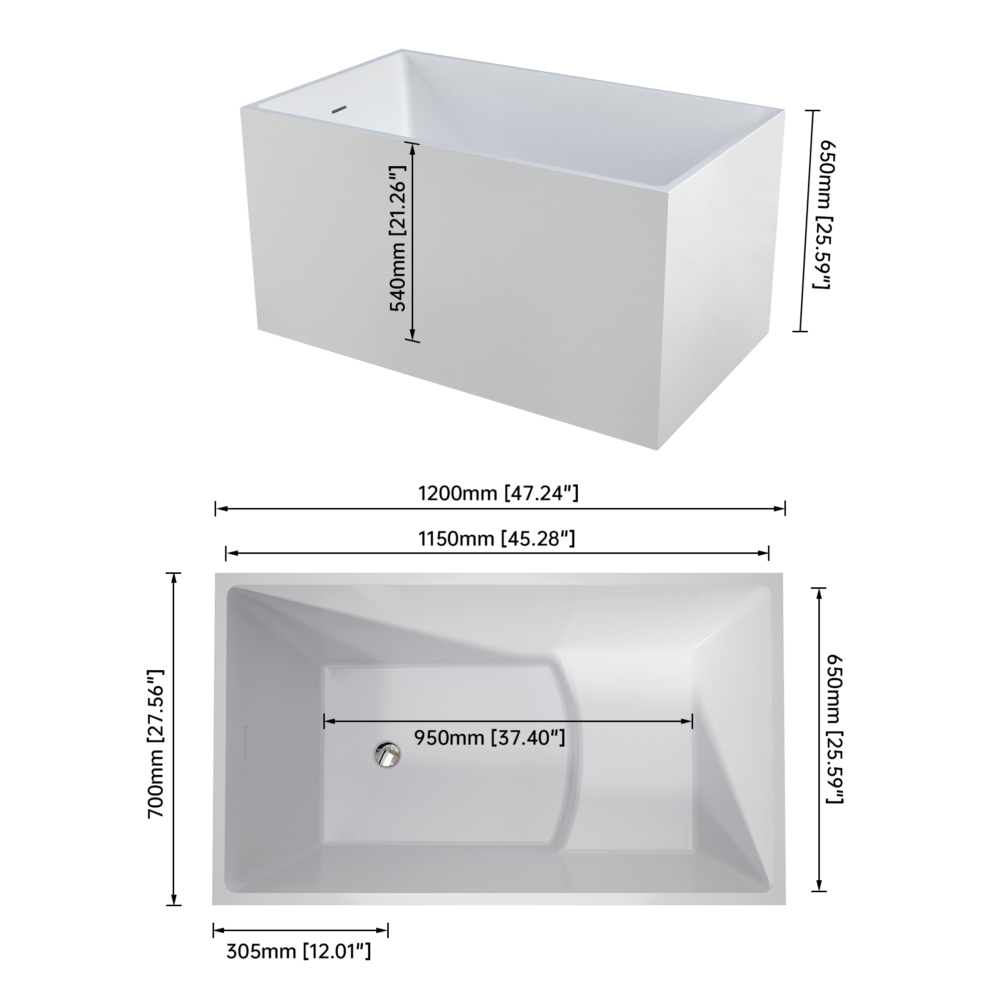 39"/47" Glossy White Minimalist Freestanding Bathtub with Built-In Seat
