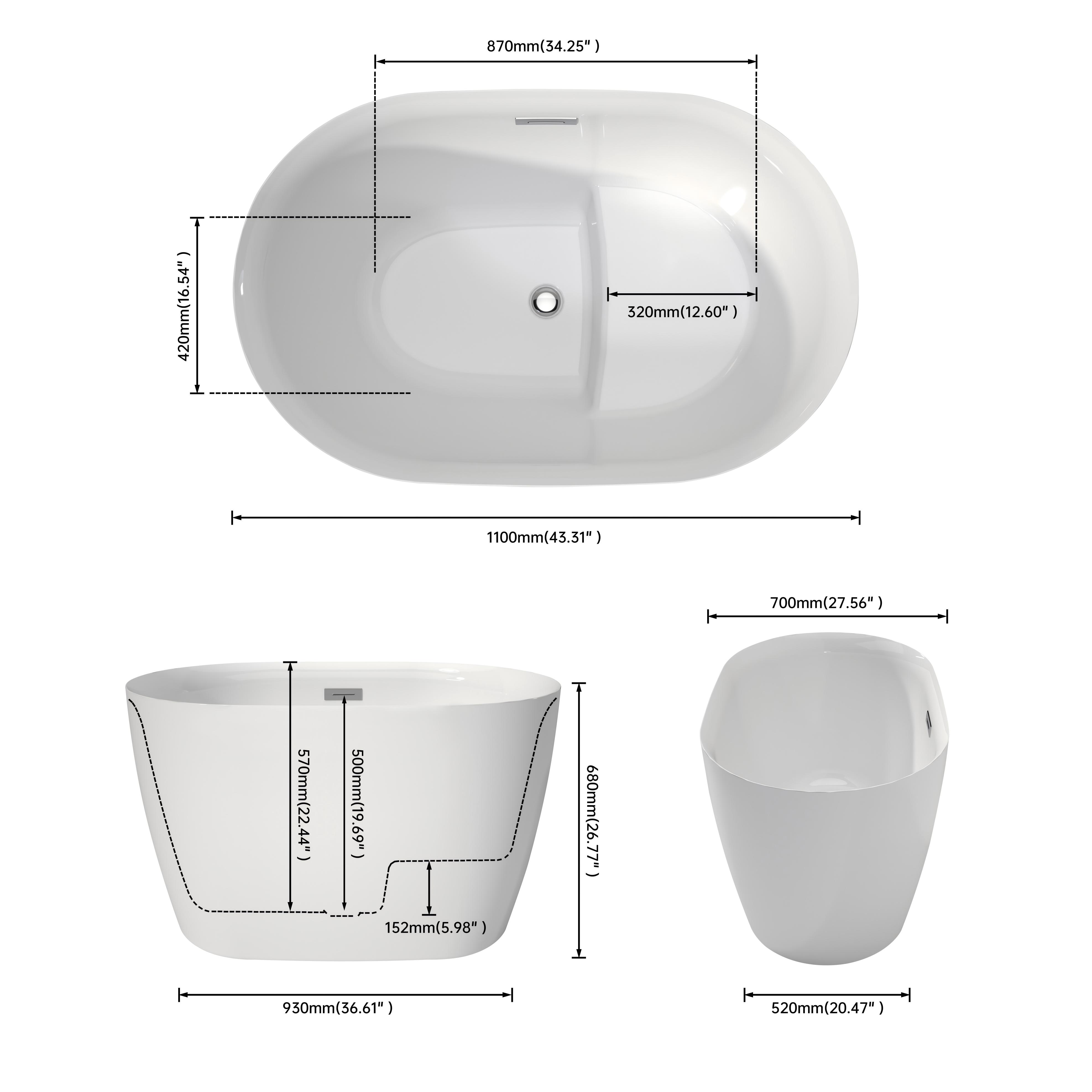 43" Transitional Acrylic Freestanding Bathtub with Built-In Seat